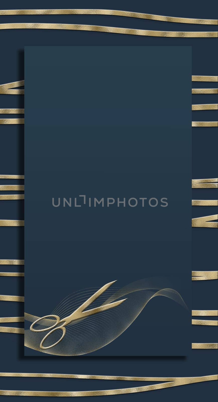 Hairdressing Scissors on black, golden design. Vertical salon template. Professional Hairstyling scissors. Barbershop, Hairdresser Salon Template. Poster, Flyer, Banner. Cover design. 3d Illustration