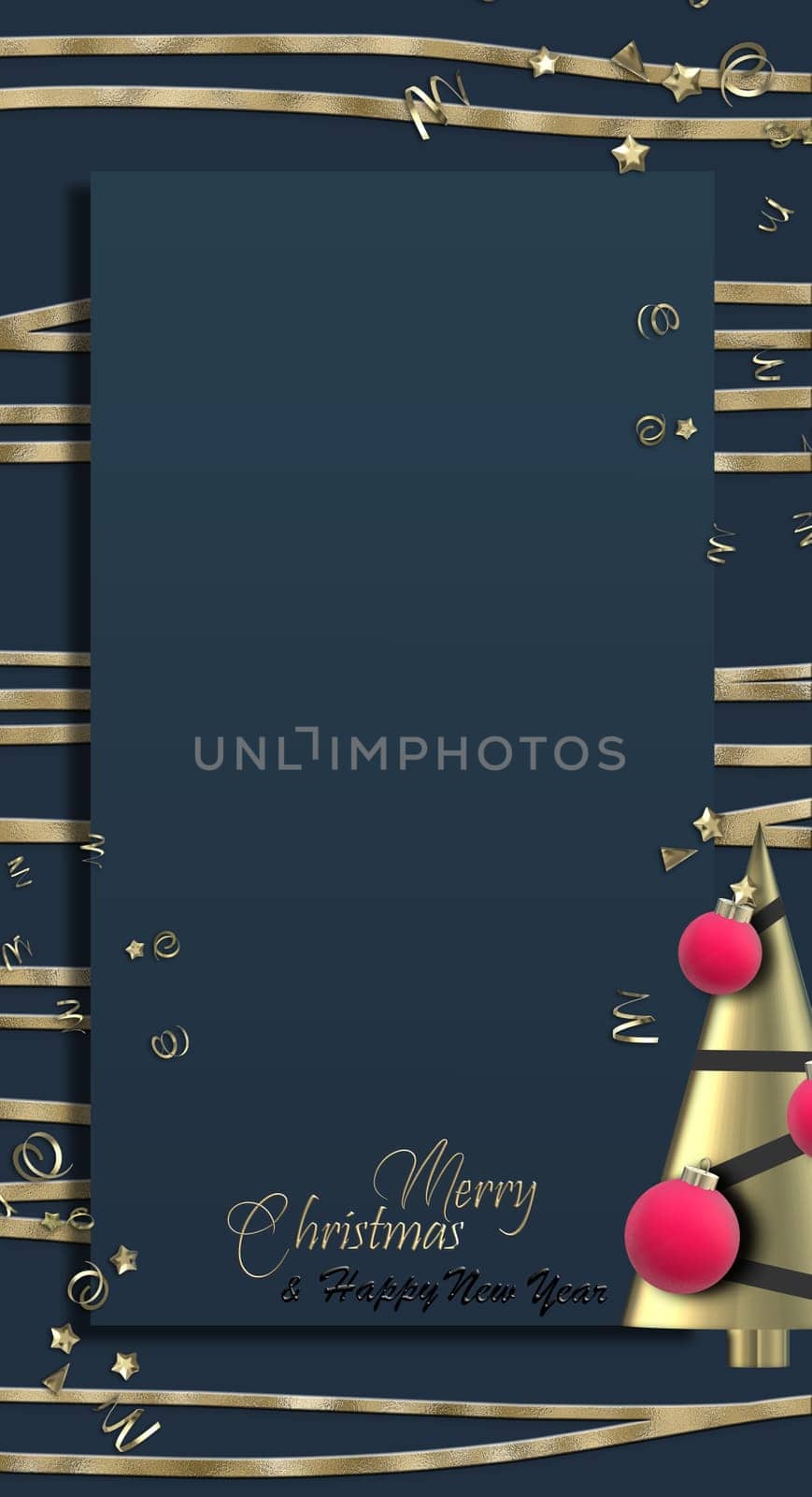 Christmas menu template, Vertical holiday greetings, corporate business Xmas card, luxury design with abstract Xmas tree, gold text Merry Christmas Happy New Year. 3D render