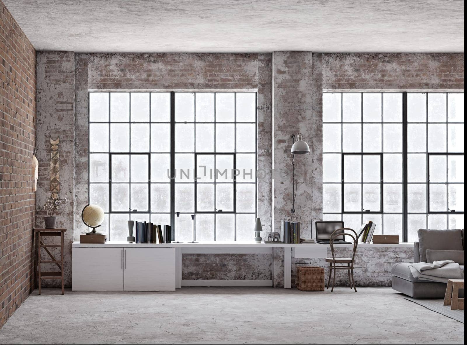 Industrial loft with brick walls, large windows, and modern furniture. 3D rendering.