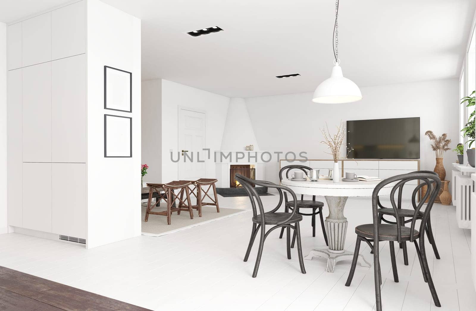 Modern white dining room with black chairs and a TV. 3d render
