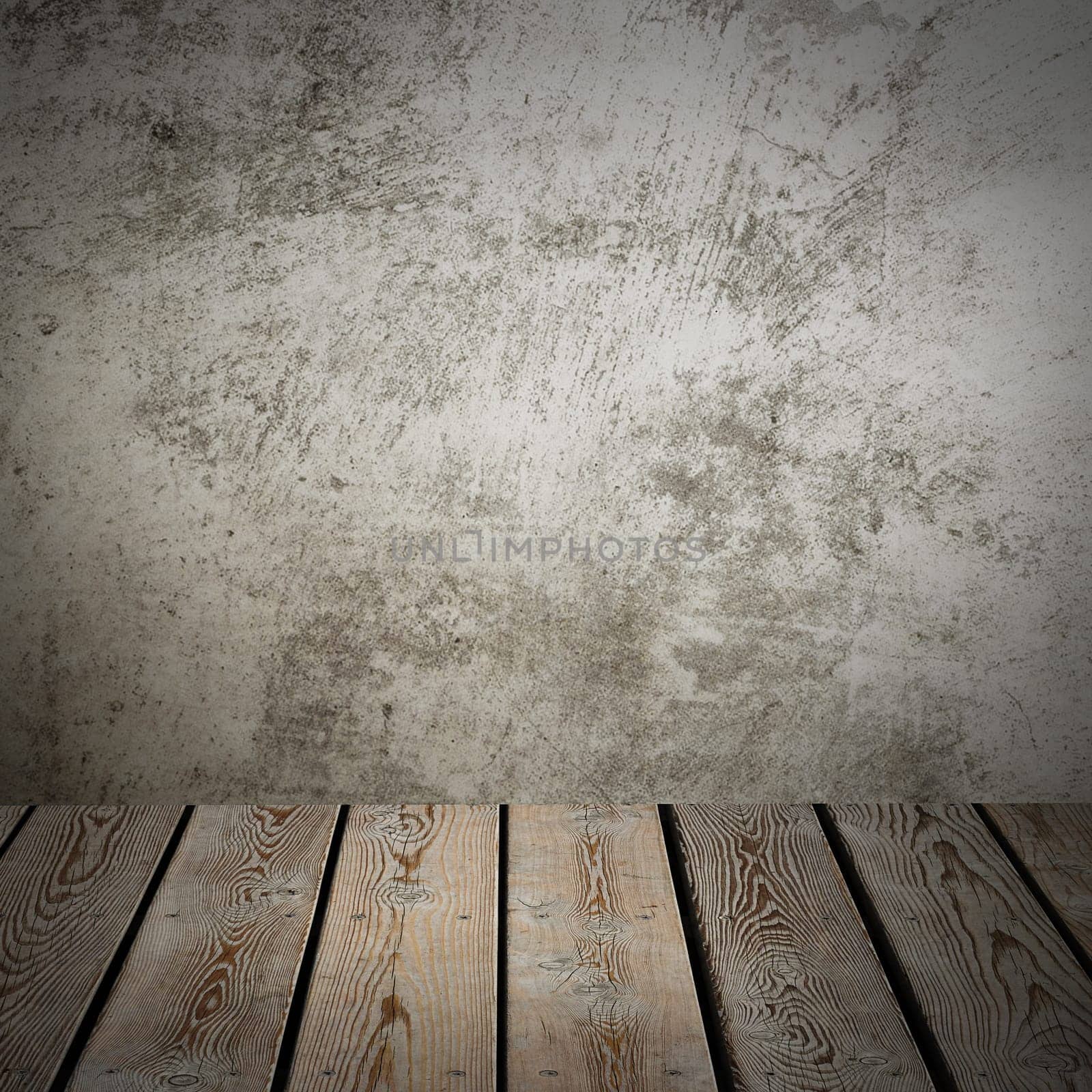 Wooden decking table on a grey grunge background. Place for an item, logo, or label. Layout, mockup.