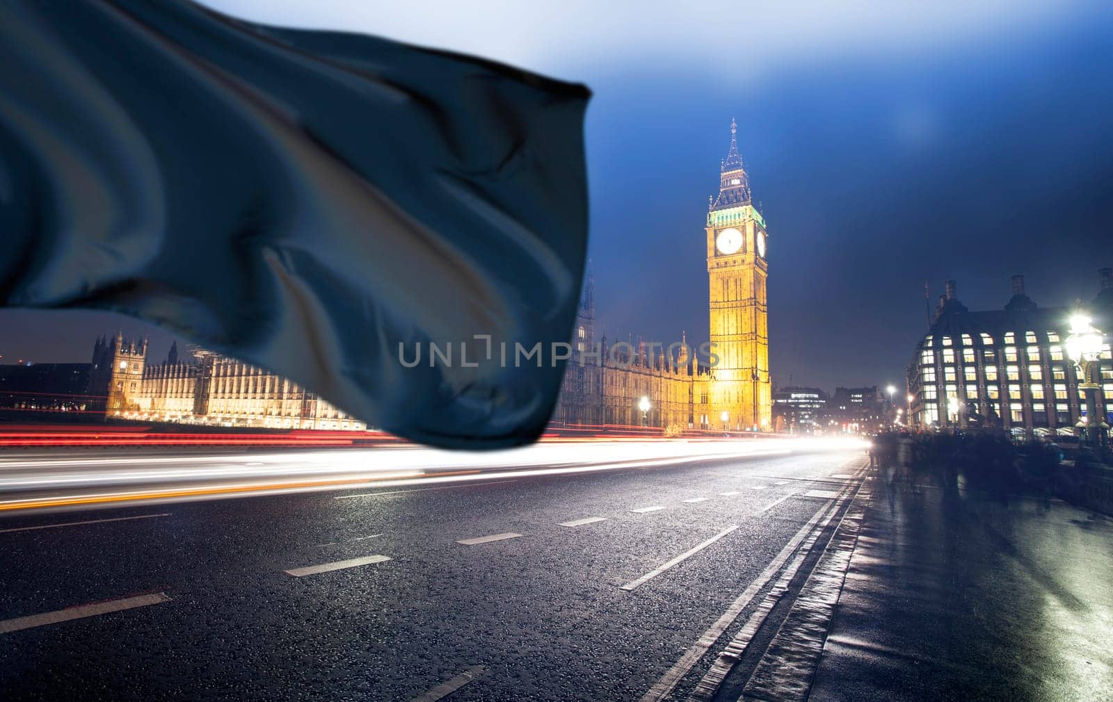 Big Ben and Westminster Bridge with black flag. National mourning and sorrow concept.