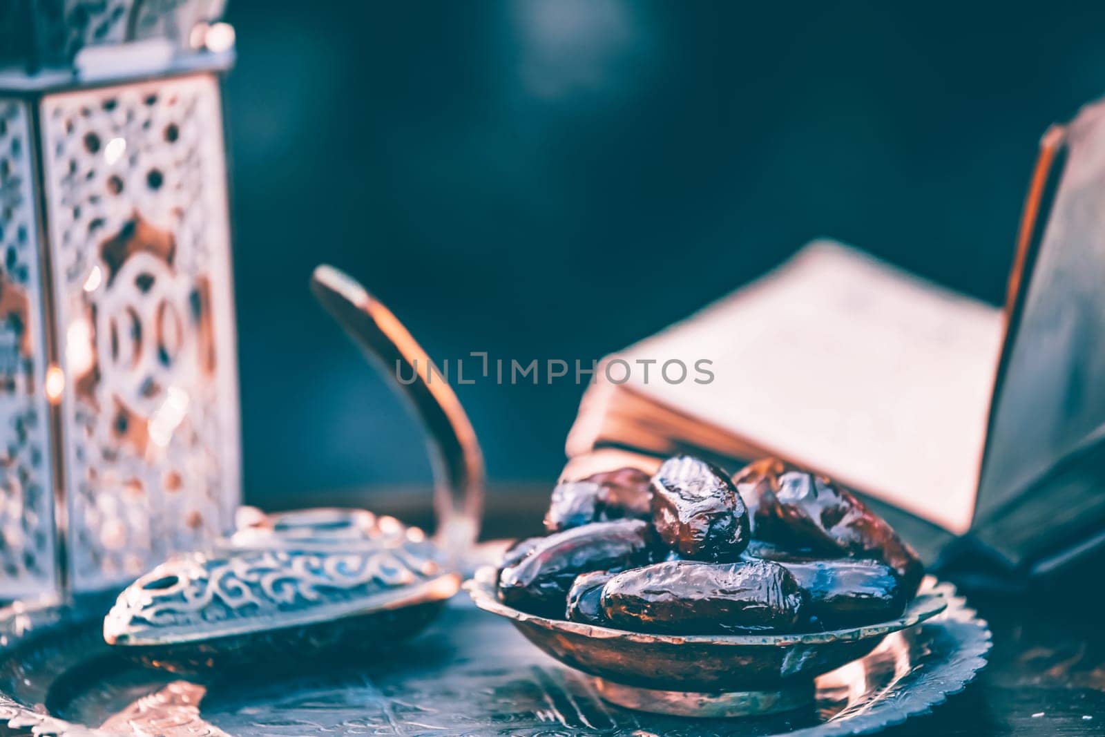 Festive greeting card for Muslim holy month Ramadan Kareem with dates, Quaran and censer