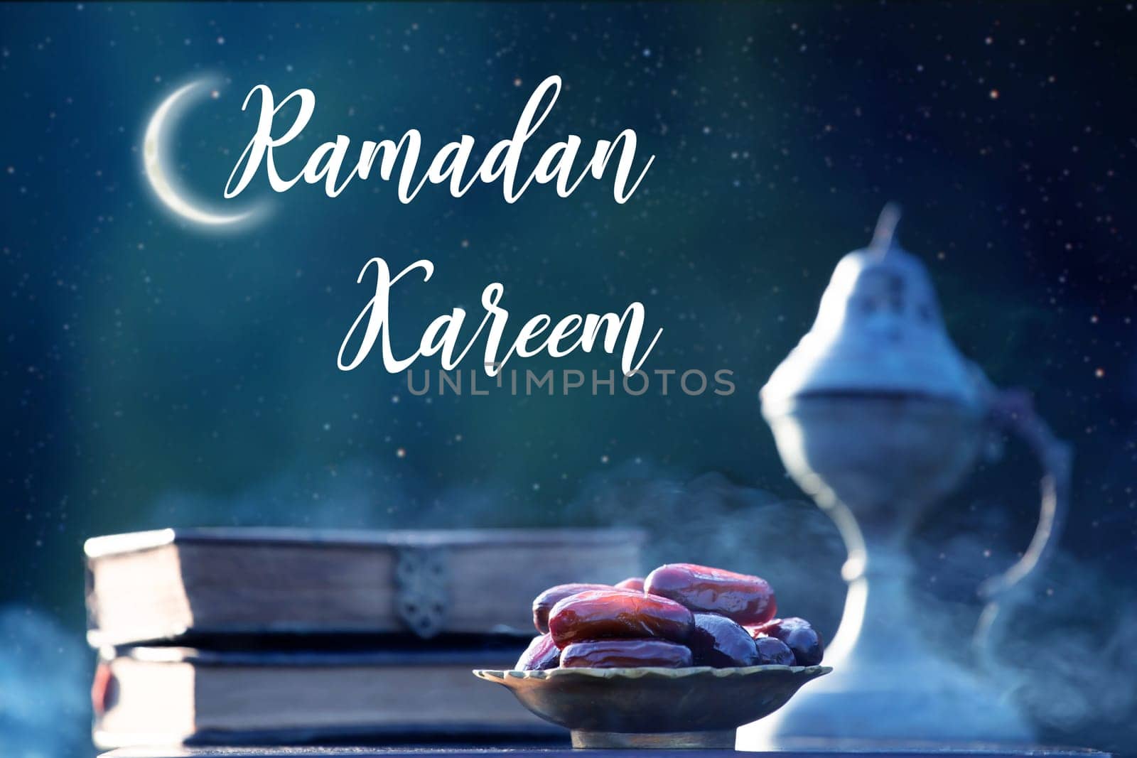 Festive greeting card for Muslim holy month Ramadan Kareem with dates, Quaran and censer