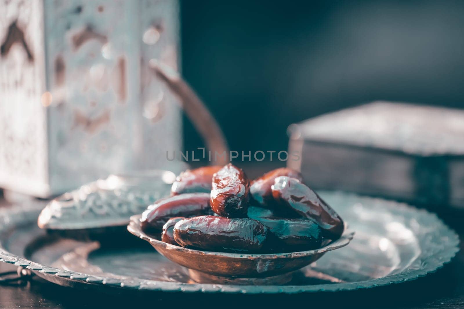 Festive greeting card for Muslim holy month Ramadan Kareem with dates, Quaran and censer