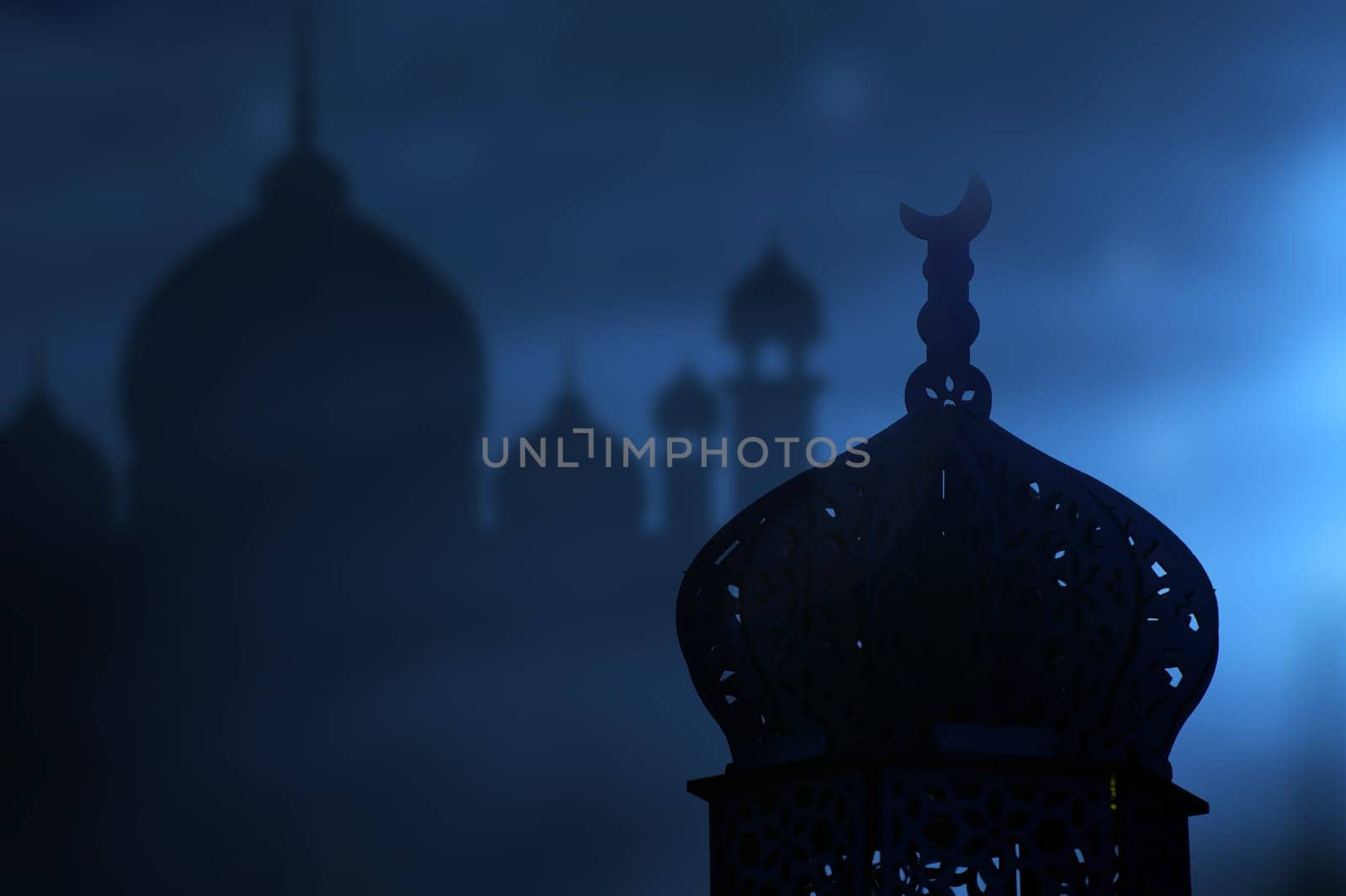 Ramadan Kareem background. Mosque silhouette in the night sky