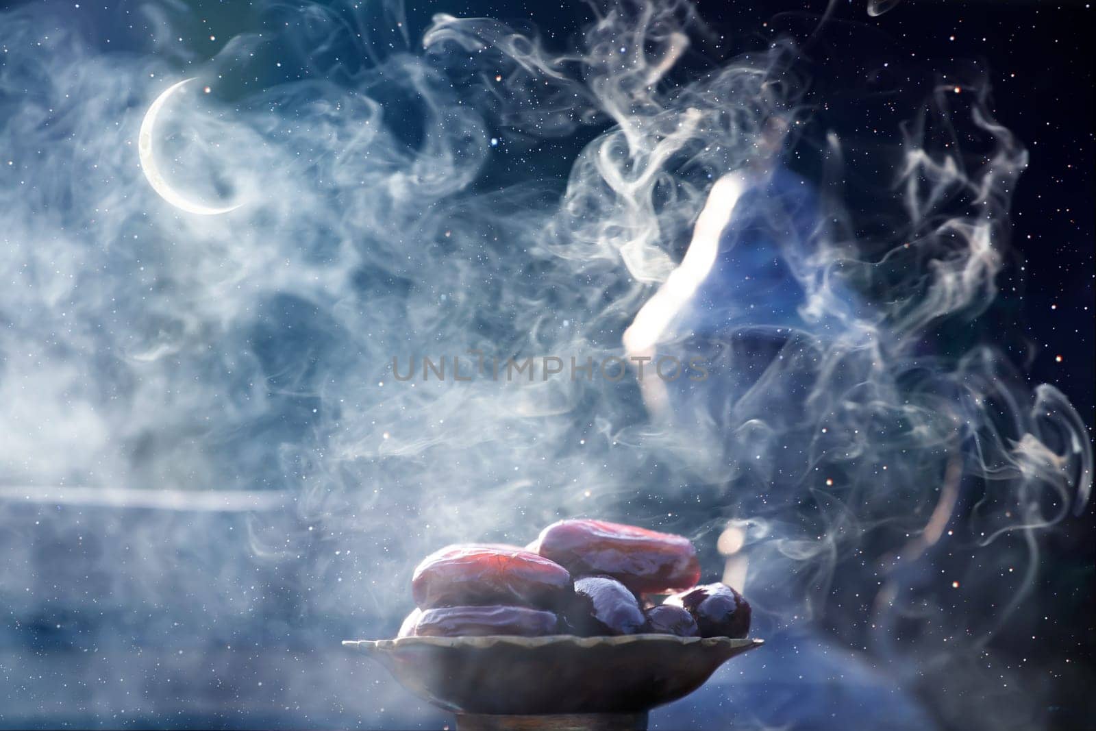 Festive greeting card for Muslim holy month Ramadan Kareem with dates, Quaran and censer