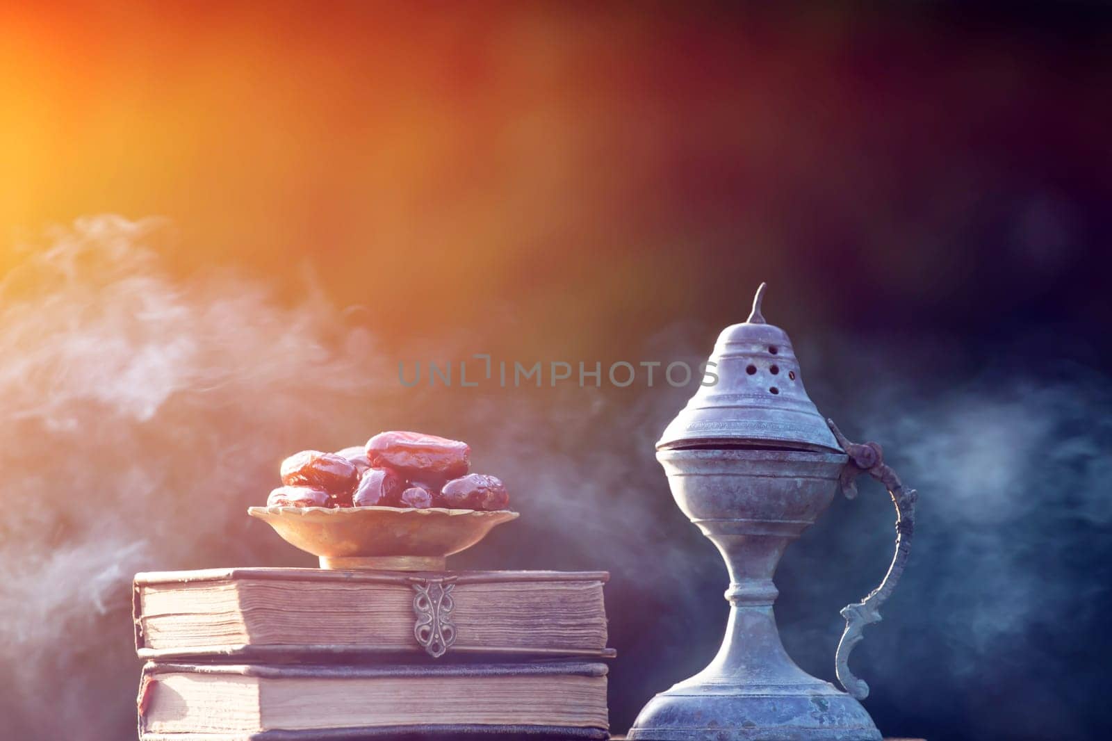 Festive greeting card for Muslim holy month Ramadan Kareem with dates, Quaran and censer