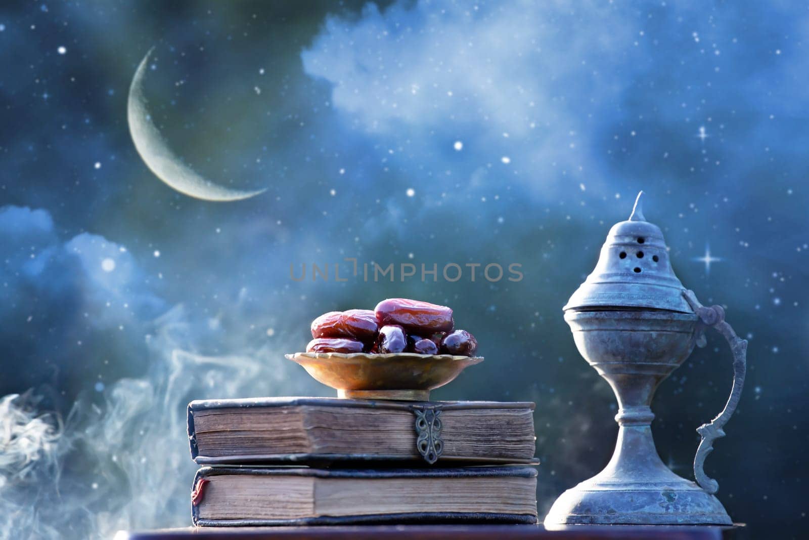 Festive greeting card for Muslim holy month Ramadan Kareem with dates, Quaran, censer and crescent moon.