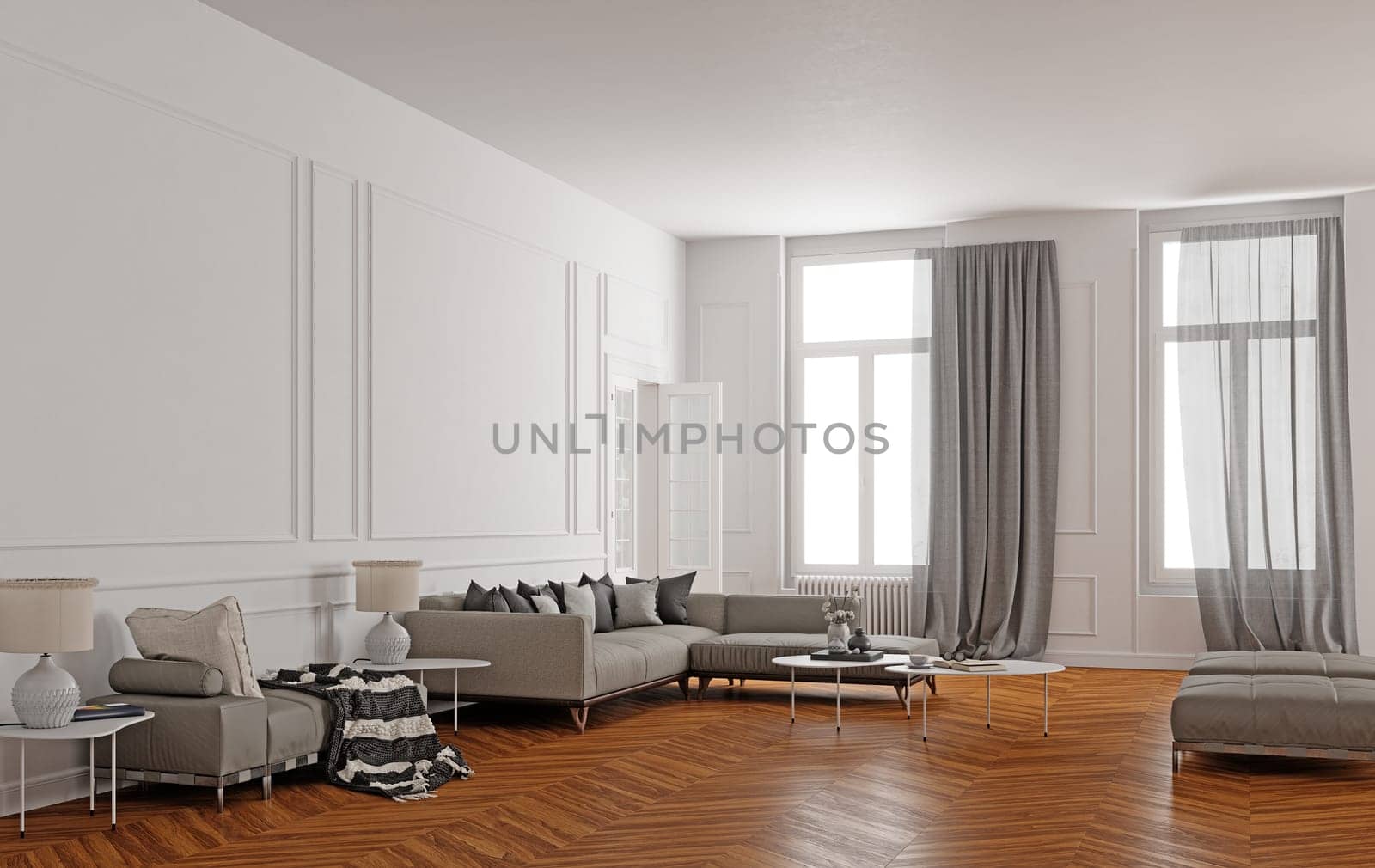 Elegant living room with white walls, wooden floor, and cozy sofa. 3D rendering.