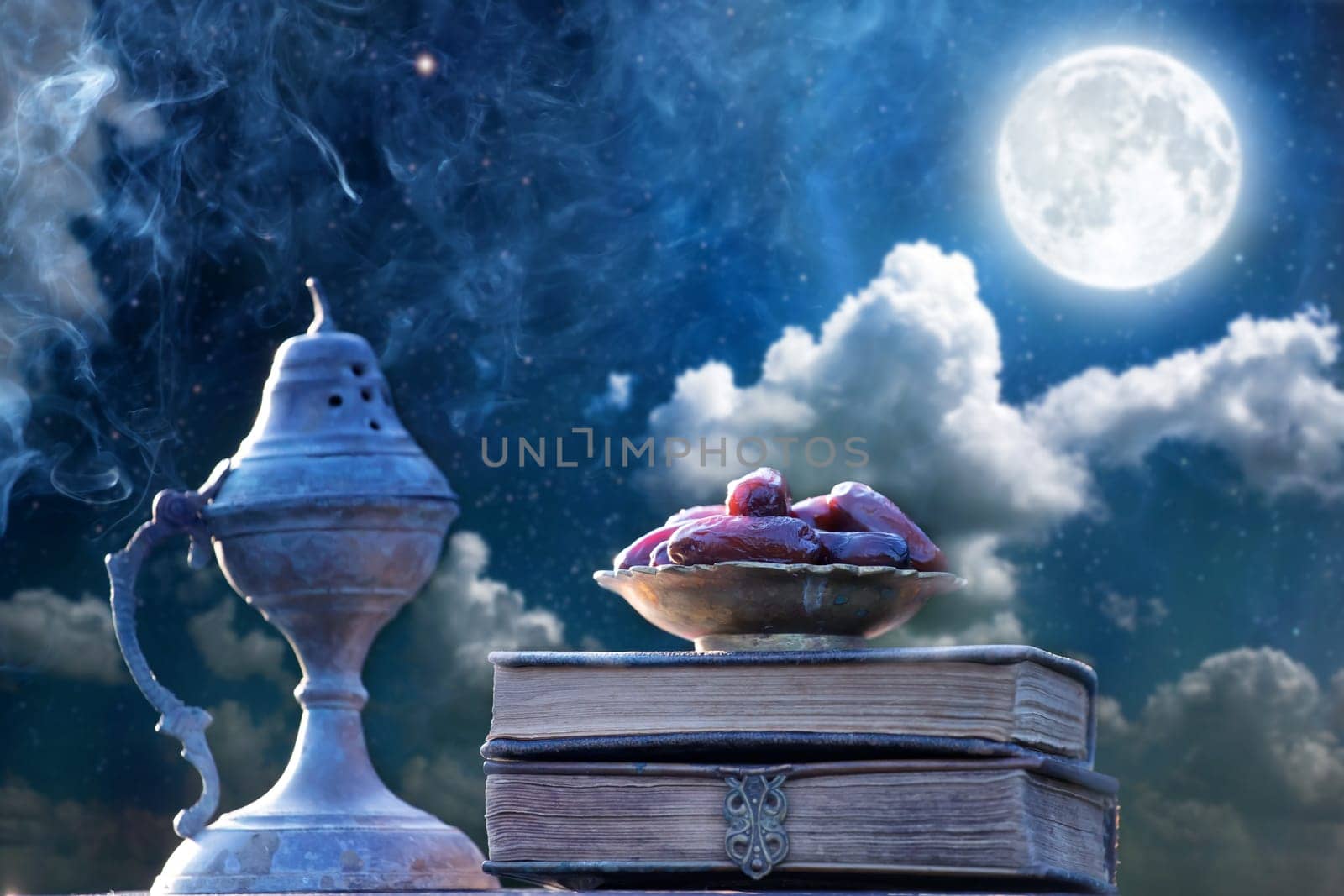 Festive greeting card for Muslim holy month Ramadan Kareem with dates, Quaran and censer