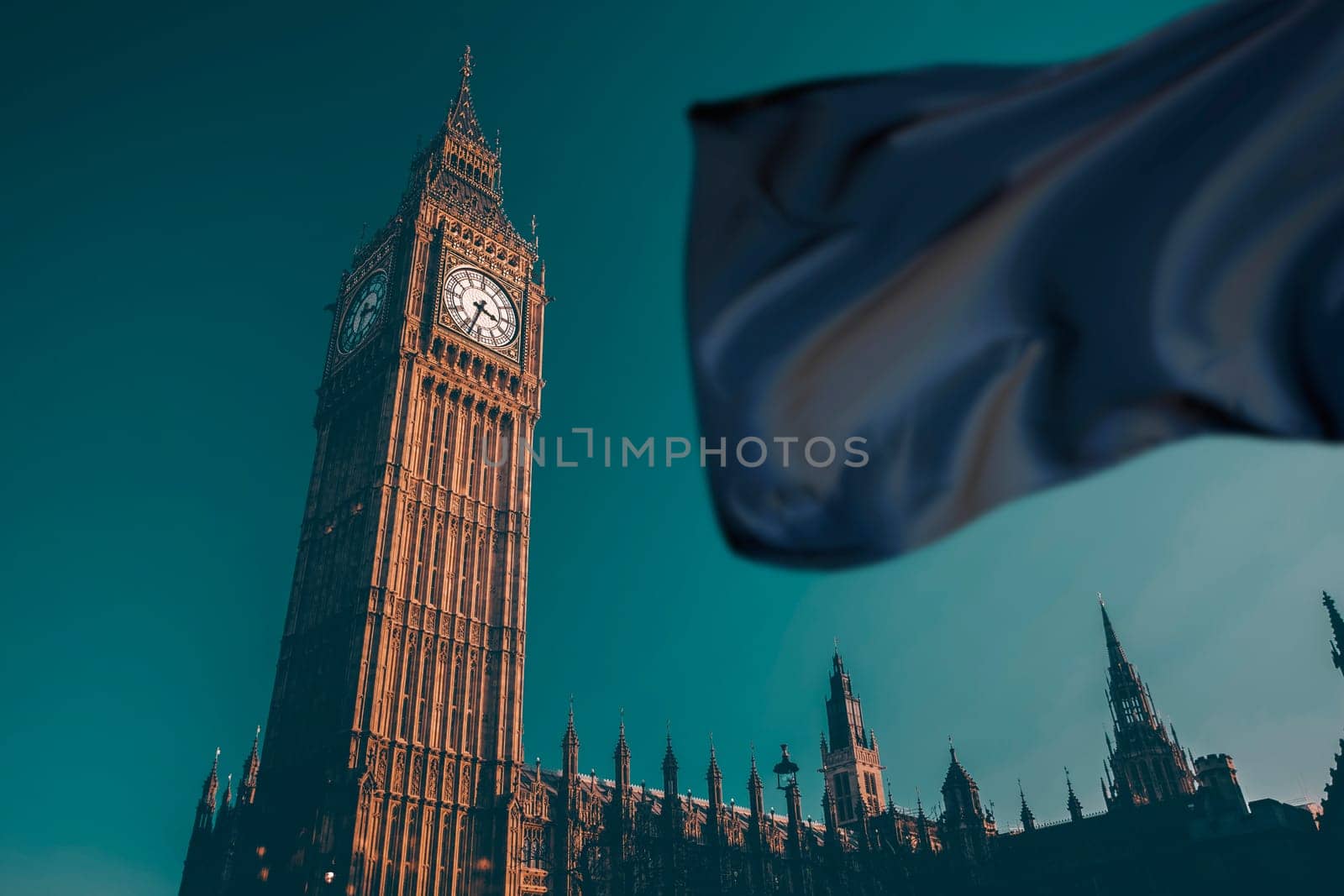 The Big Ben in Westminster with black flag. UK national mourning and sorrow concept.