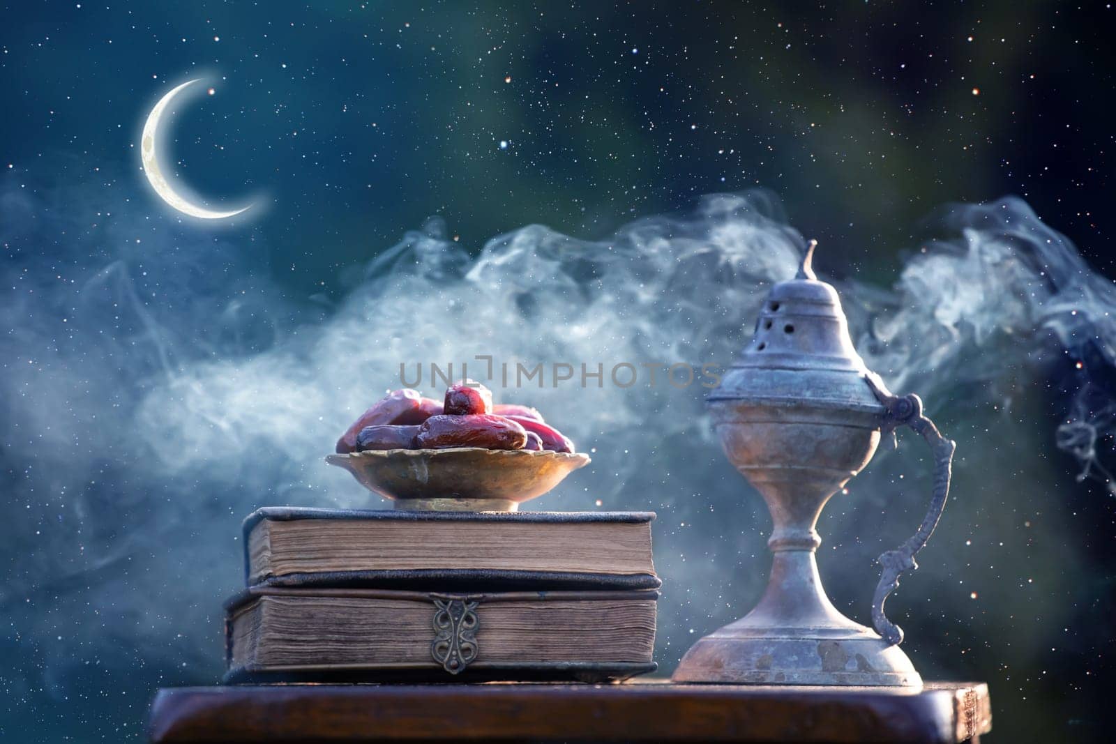Festive greeting card for Muslim holy month Ramadan Kareem with dates, Quaran, censer and crescent moon.