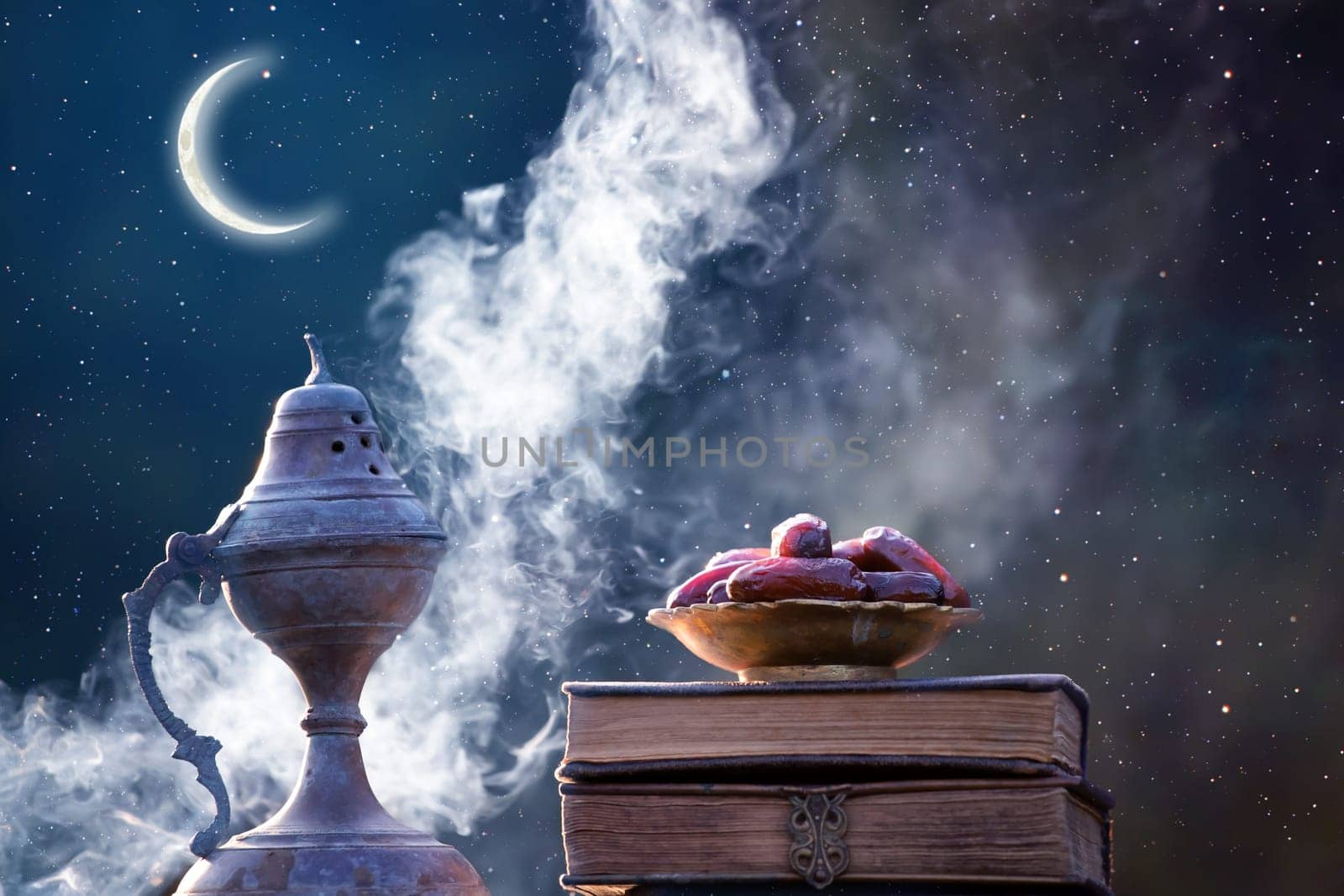 Festive greeting card for Muslim holy month Ramadan Kareem with dates, Quaran, censer and crescent moon.