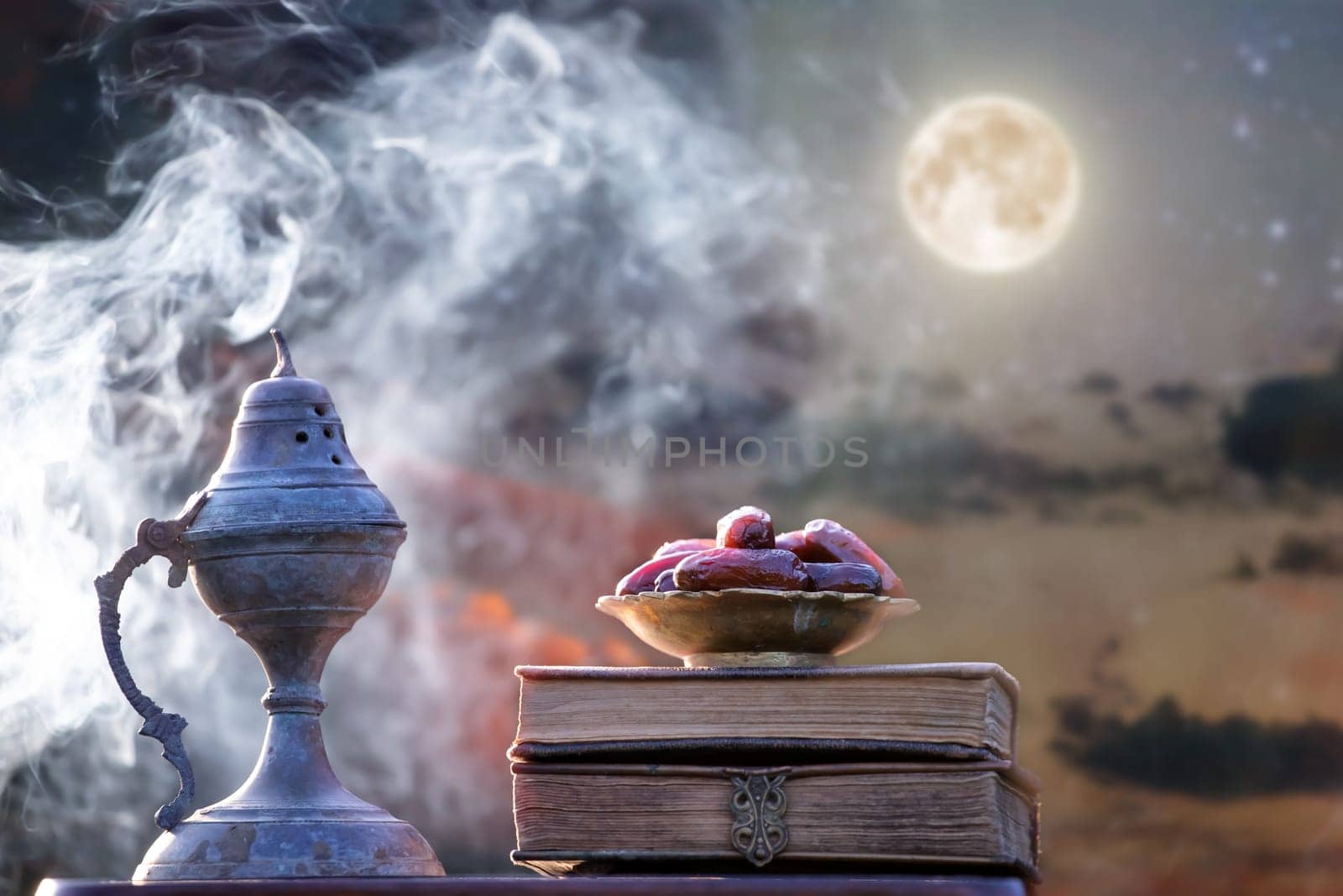 Festive greeting card for Muslim holy month Ramadan Kareem with dates, Quaran and censer