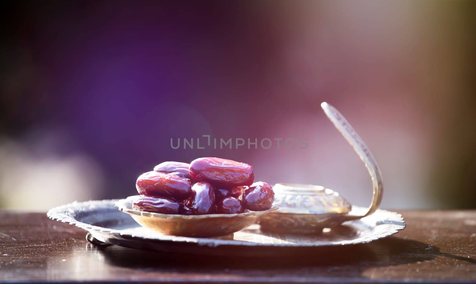 Festive greeting card for Muslim holy month Ramadan Kareem with dates, Quaran and censer