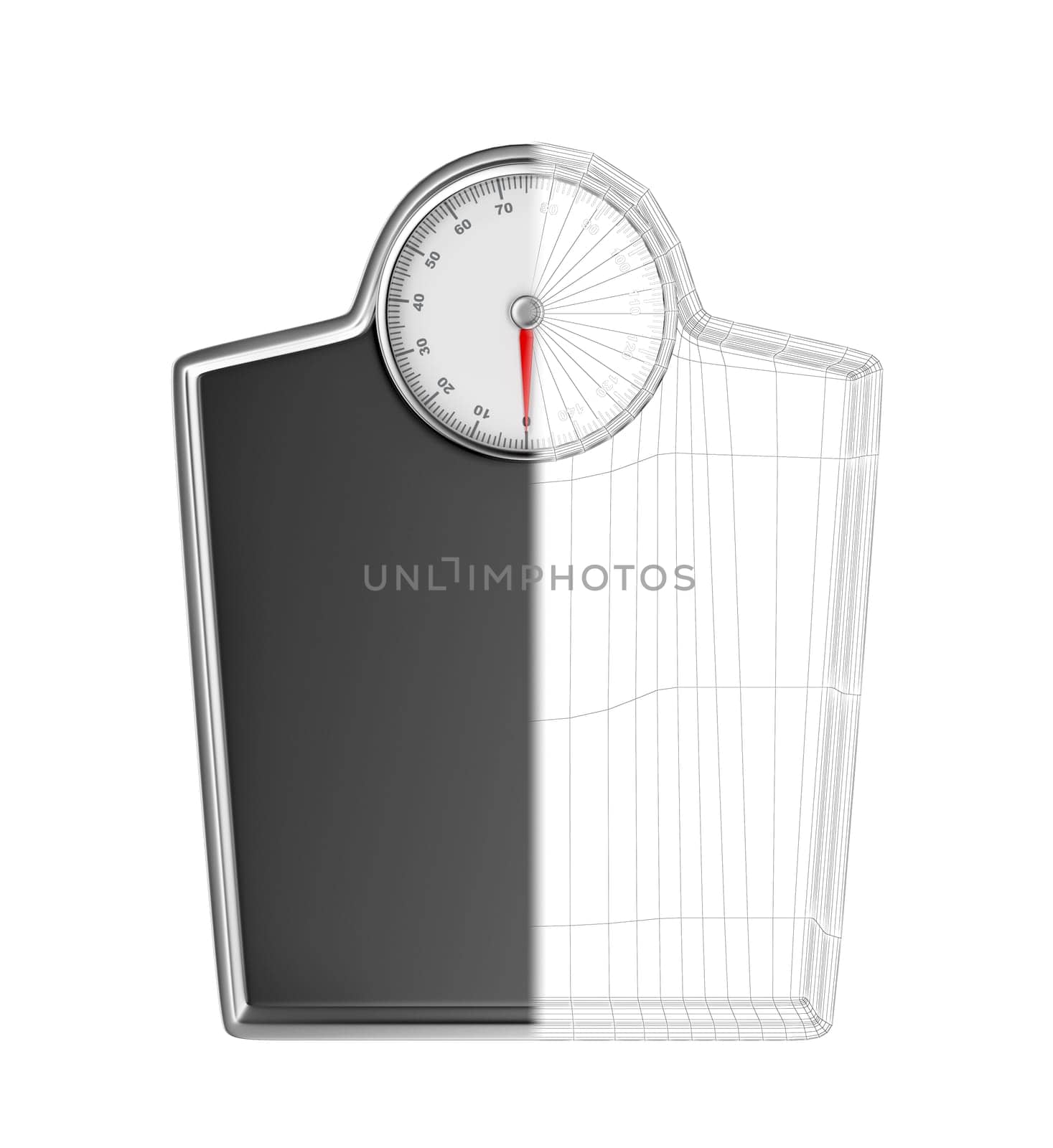3D model of mechanical weighing scale, top view. Isolated on white background.