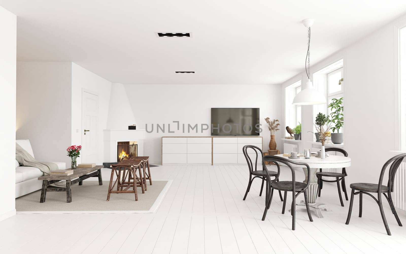 Modern white dining room with black chairs and a TV. 3d render