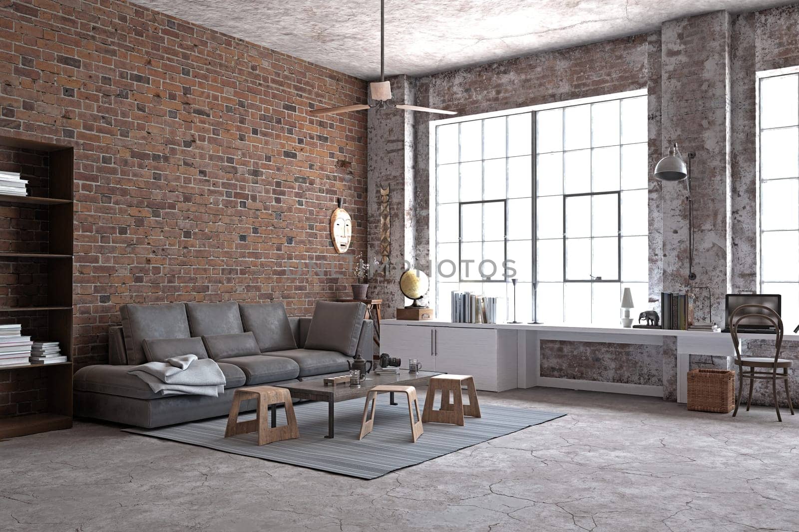 Industrial loft with brick walls, large windows, and modern furniture. 3D rendering.