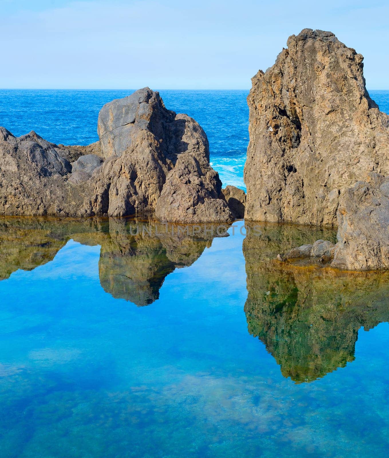 Bathes in natural lava ocean pools. Lava pools are the main attraction of Madeira.