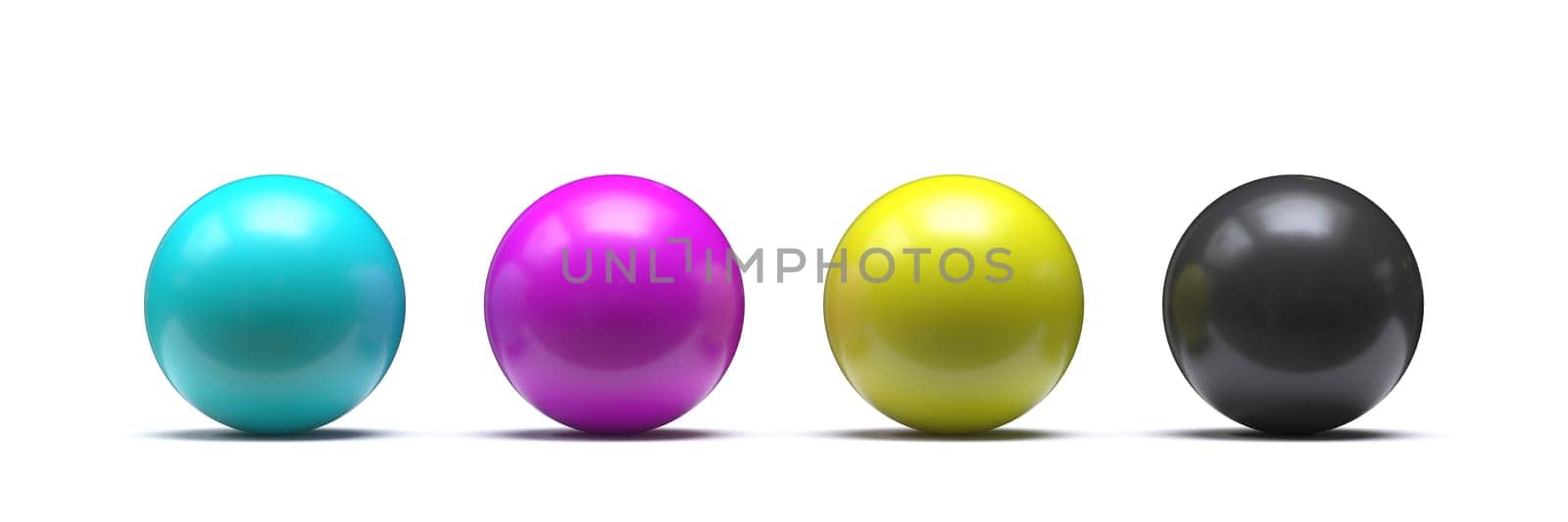 Spheres in CMYK colors - cyan, magenta, yellow, black 3D render illustration isolated on white background