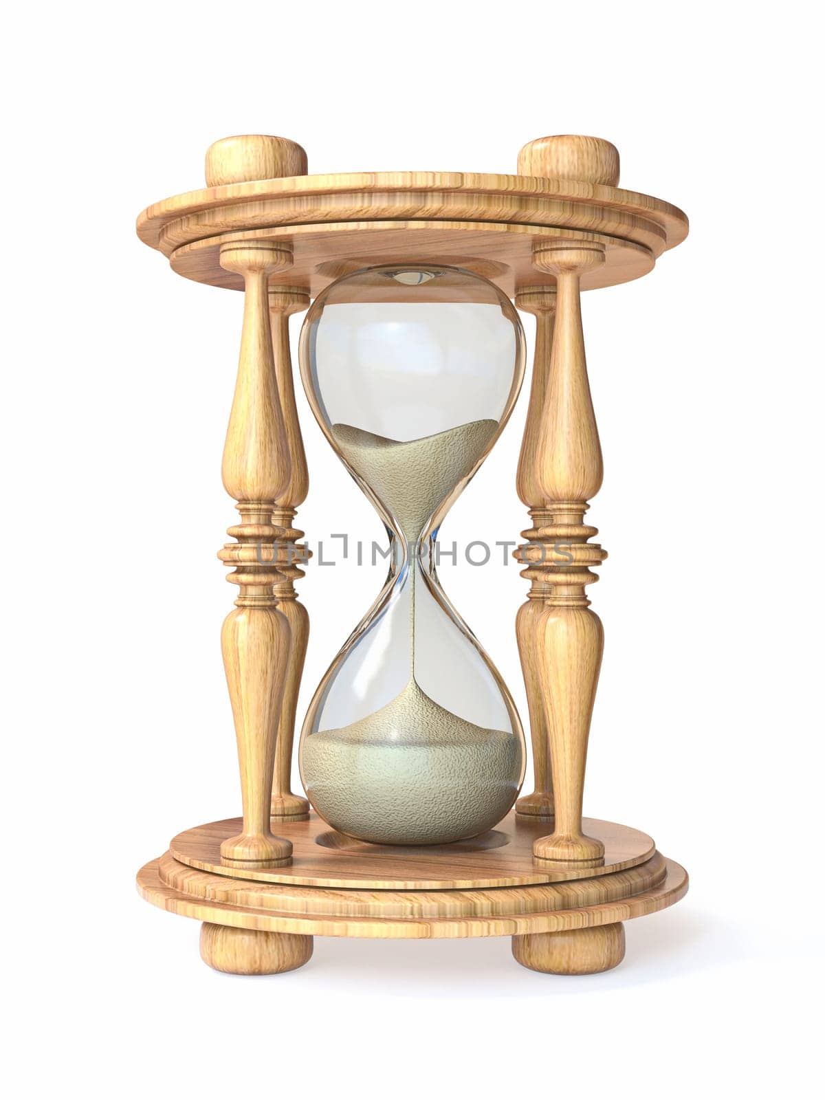 Wooden hourglass 3D render illustration isolated on white background