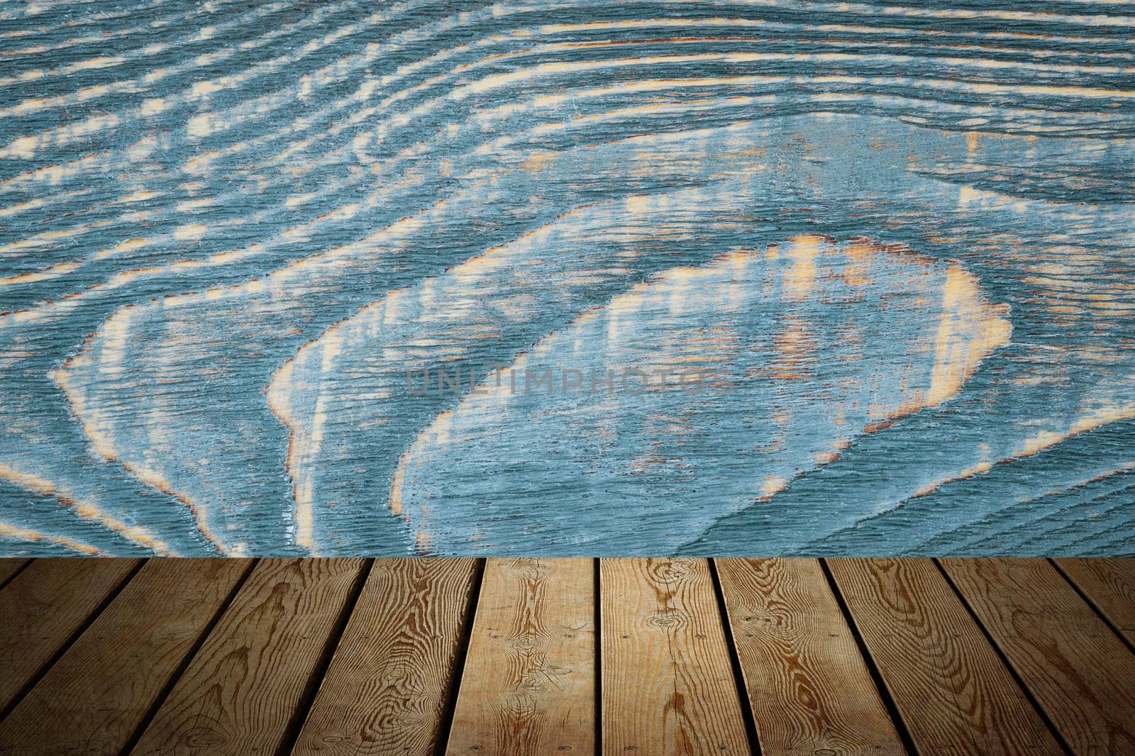 The background is blank wooden boards and a textured wall with lighting and vignetting. For product demonstrations, free space, layout, mockup, perspective board, background board.