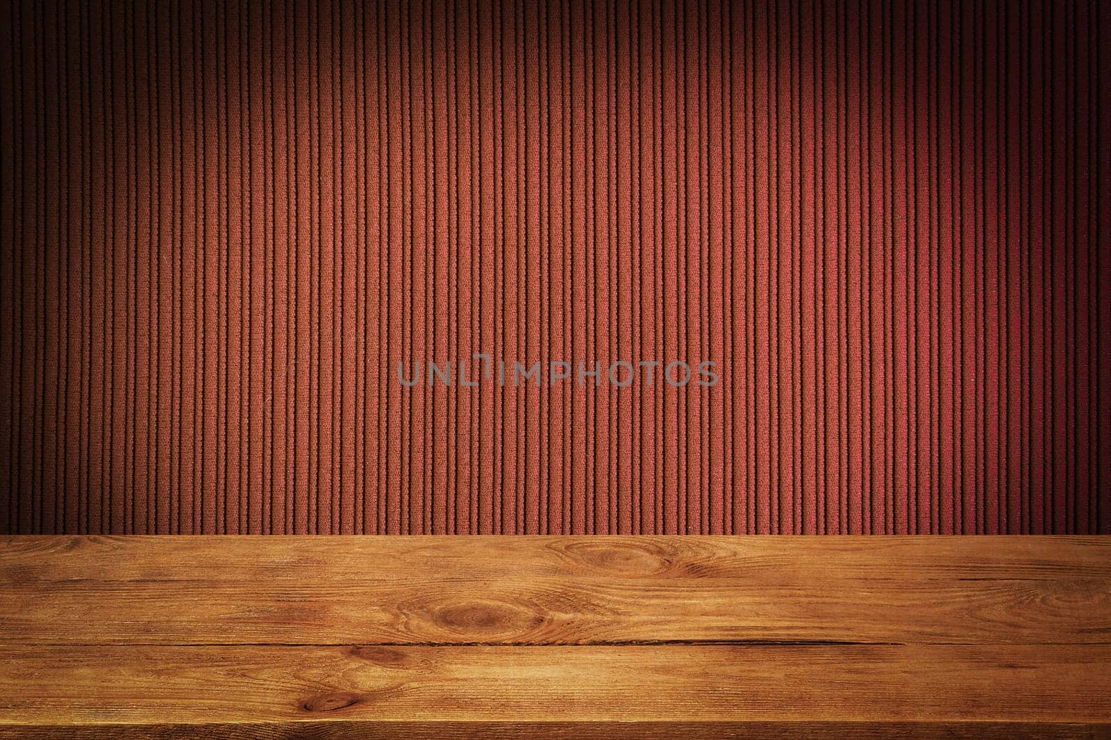 The background is blank wooden boards and a textured striped wall with gradient lighting and vignetting. For product demonstrations, free space, layout, mockup, perspective board, background board.