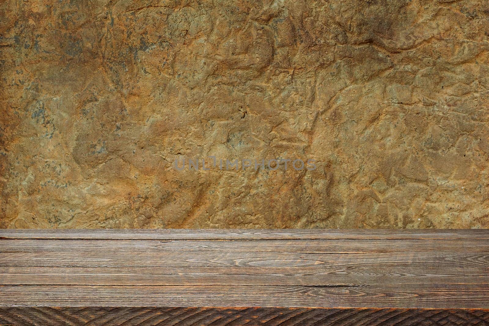 The background is blank wooden boards and a textured plastered wall with lighting and vignetting. For product demonstrations, free space, layout, mockup, perspective board, background board.