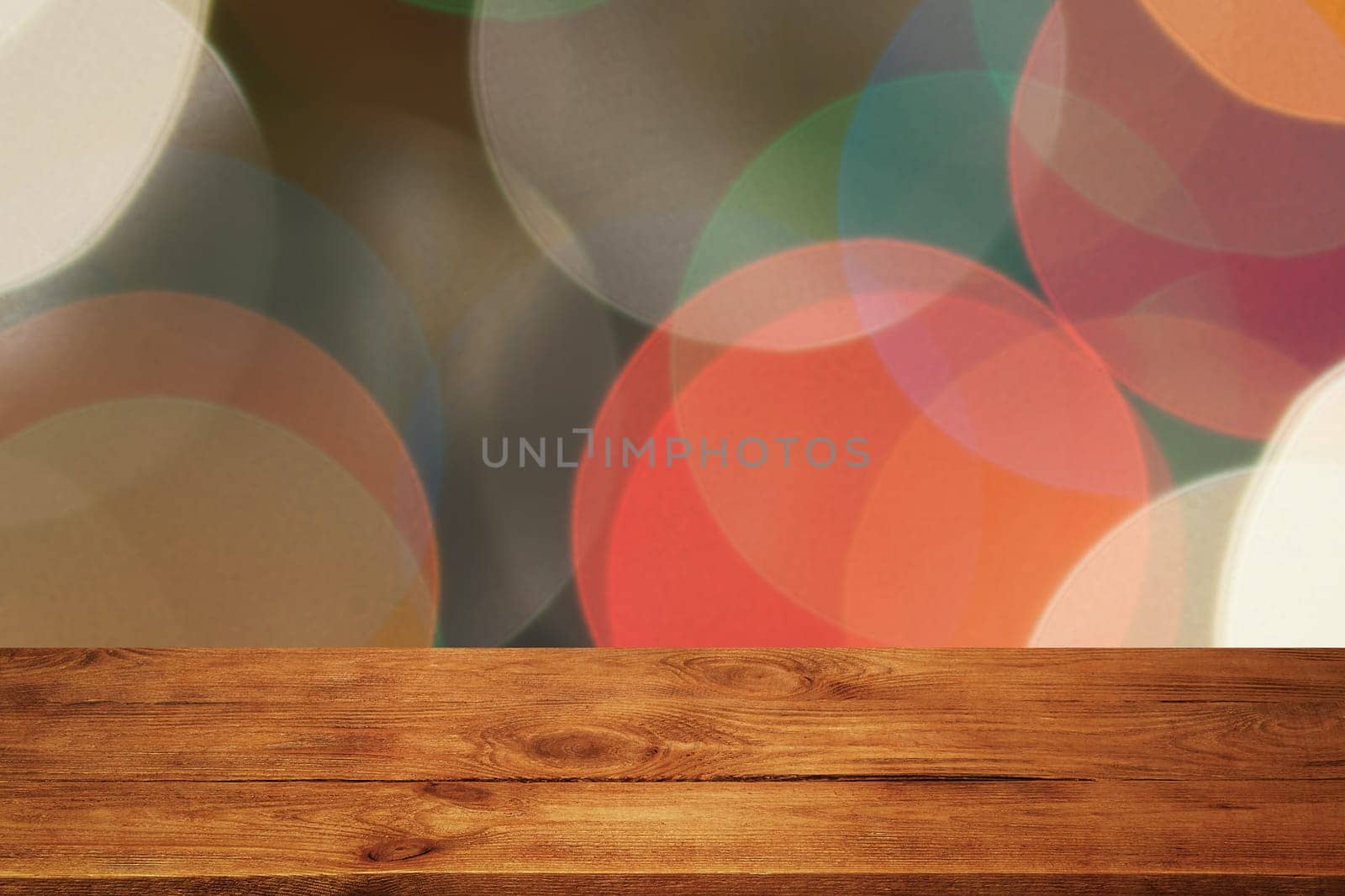 The background is an empty wooden board and a wall of blurred bokeh lights. For product demonstrations, free space, layout, mockup, perspective board, background board.
