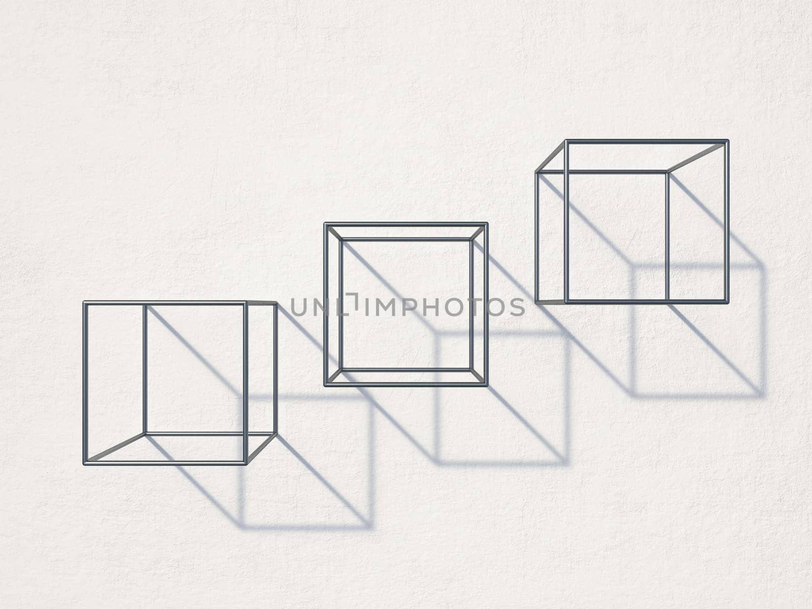 Three metal cubes with shadows 3D render illustration isolated on white background