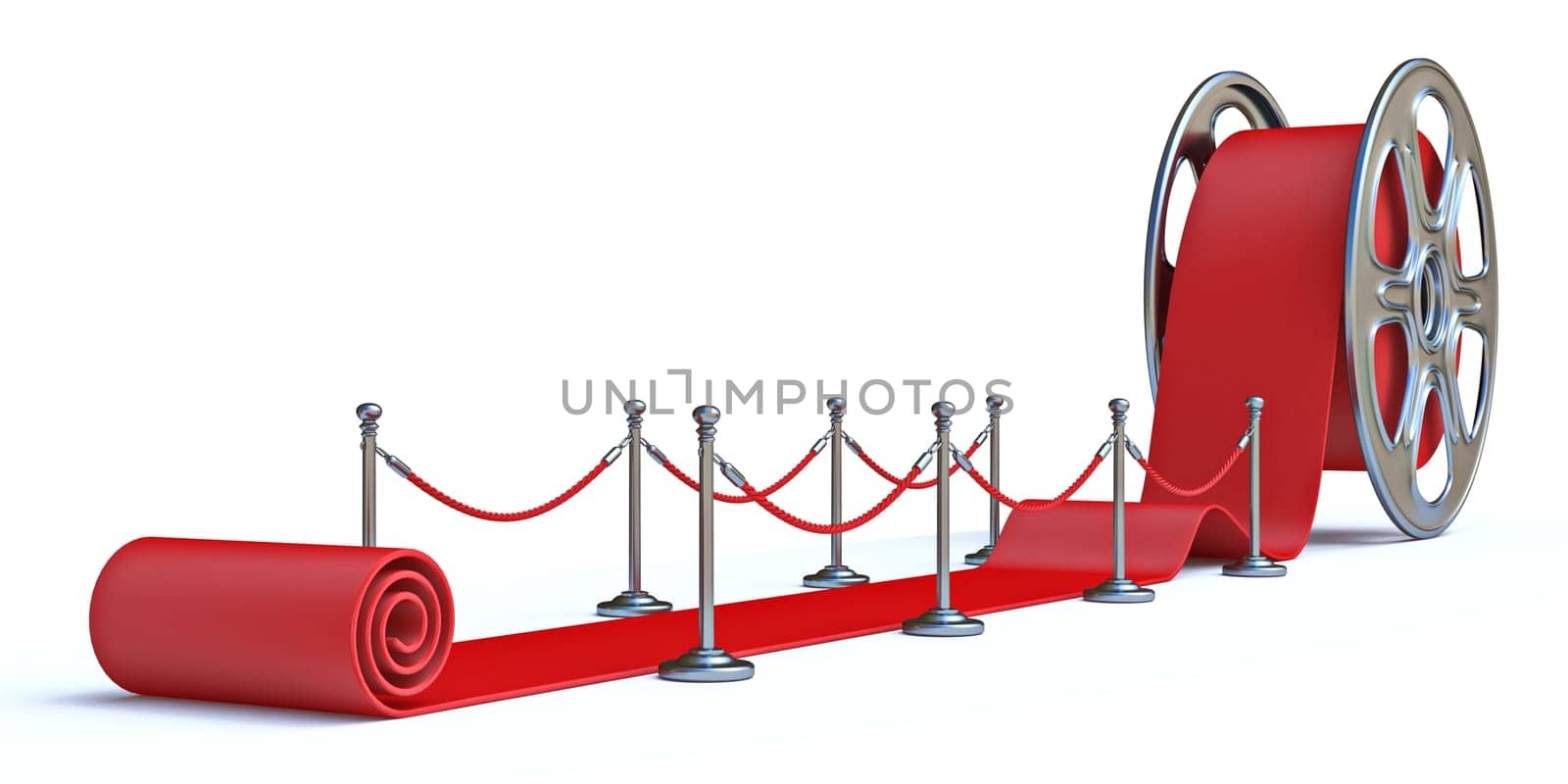 Cinema film roll and red carpet Front view 3D render illustration isolated on white background