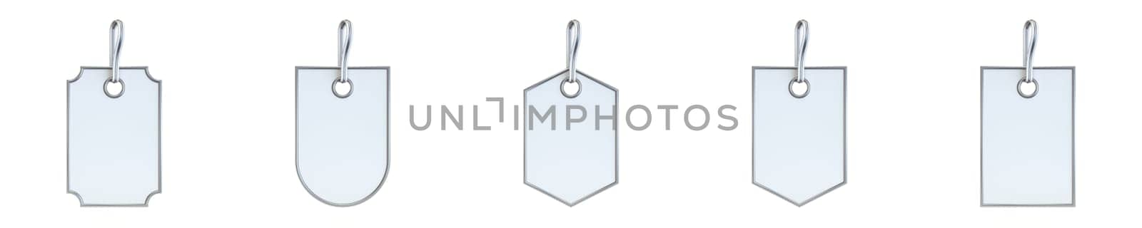 Set of five different shaped labels 3D render illustration isolated on white background