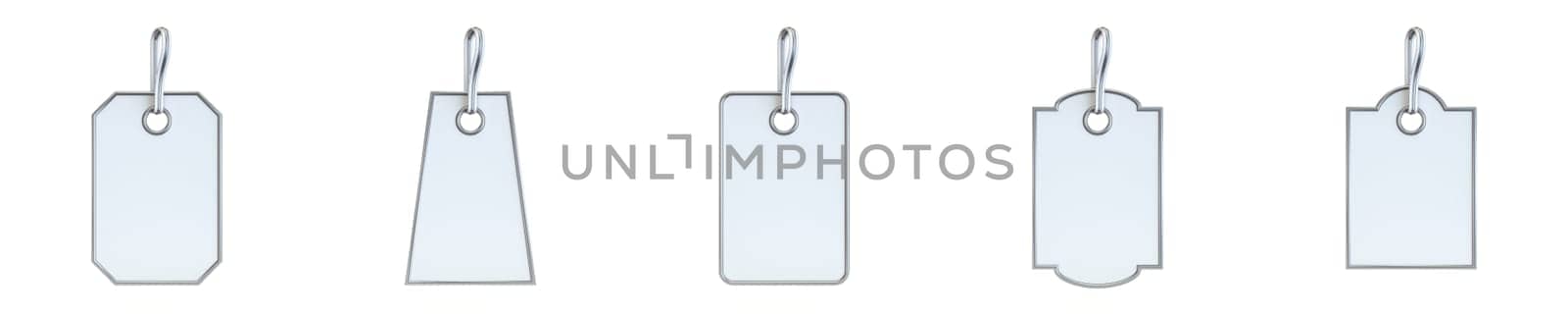 Set of five different shaped labels 3D render illustration isolated on white background