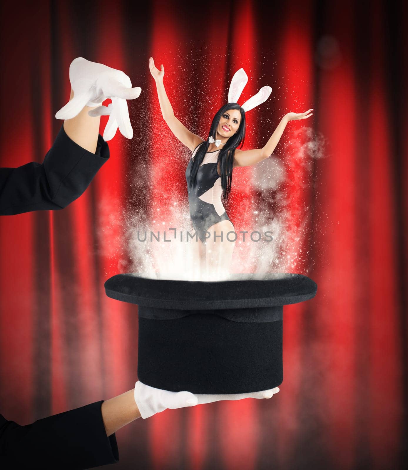 Woman bunny magically comes out of hat