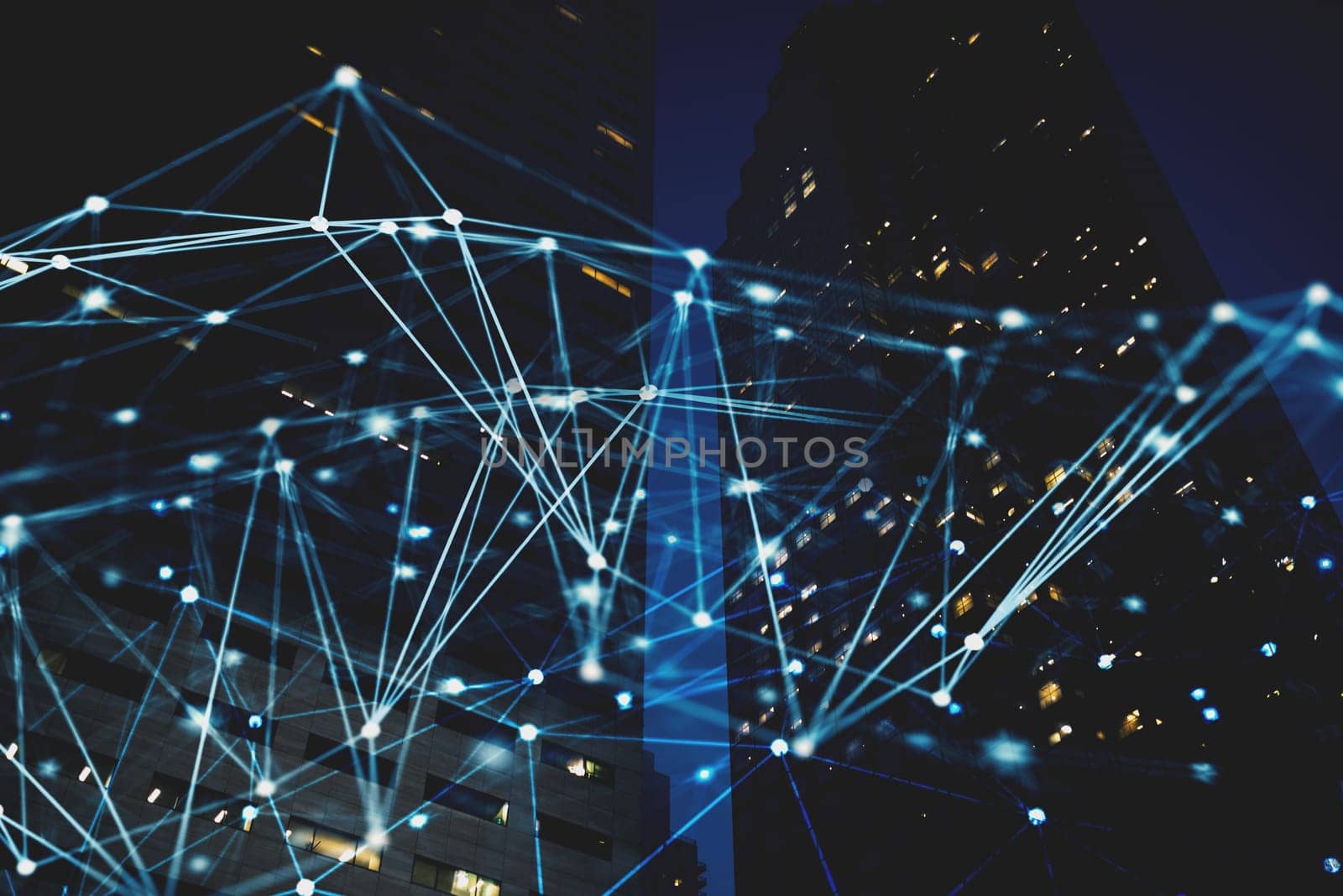 Futuristic abstract internet connection network with night city with skyscrapers at the background