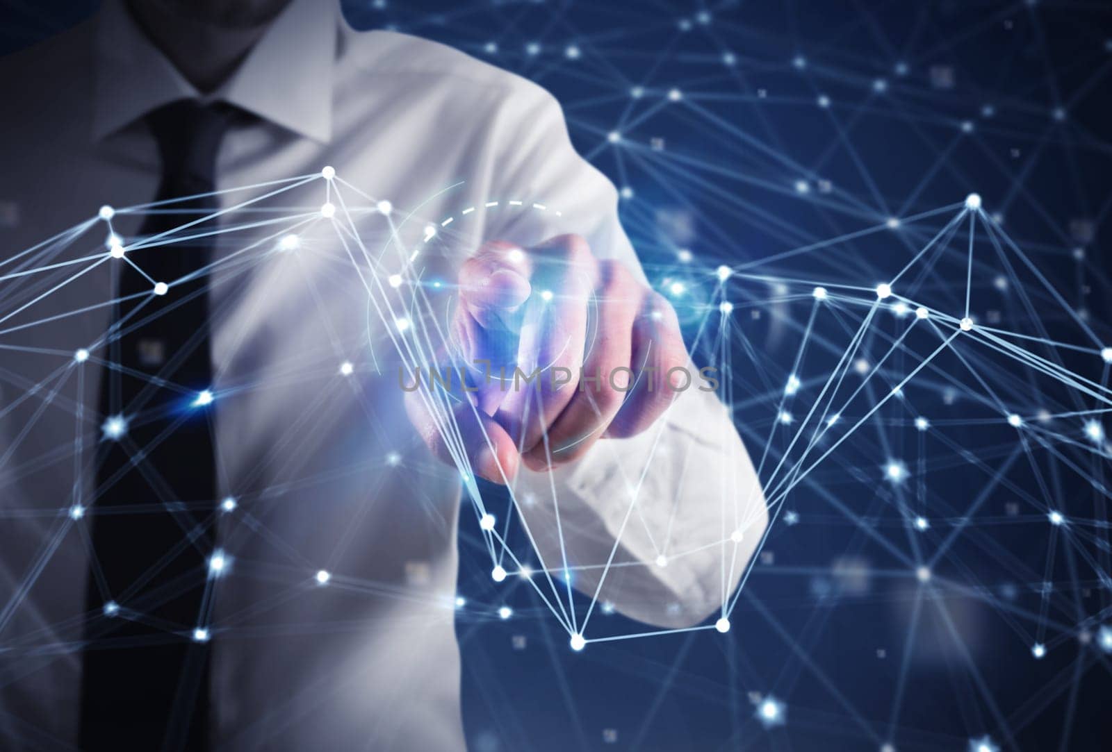 Businessman works with futuristic internet network interface
