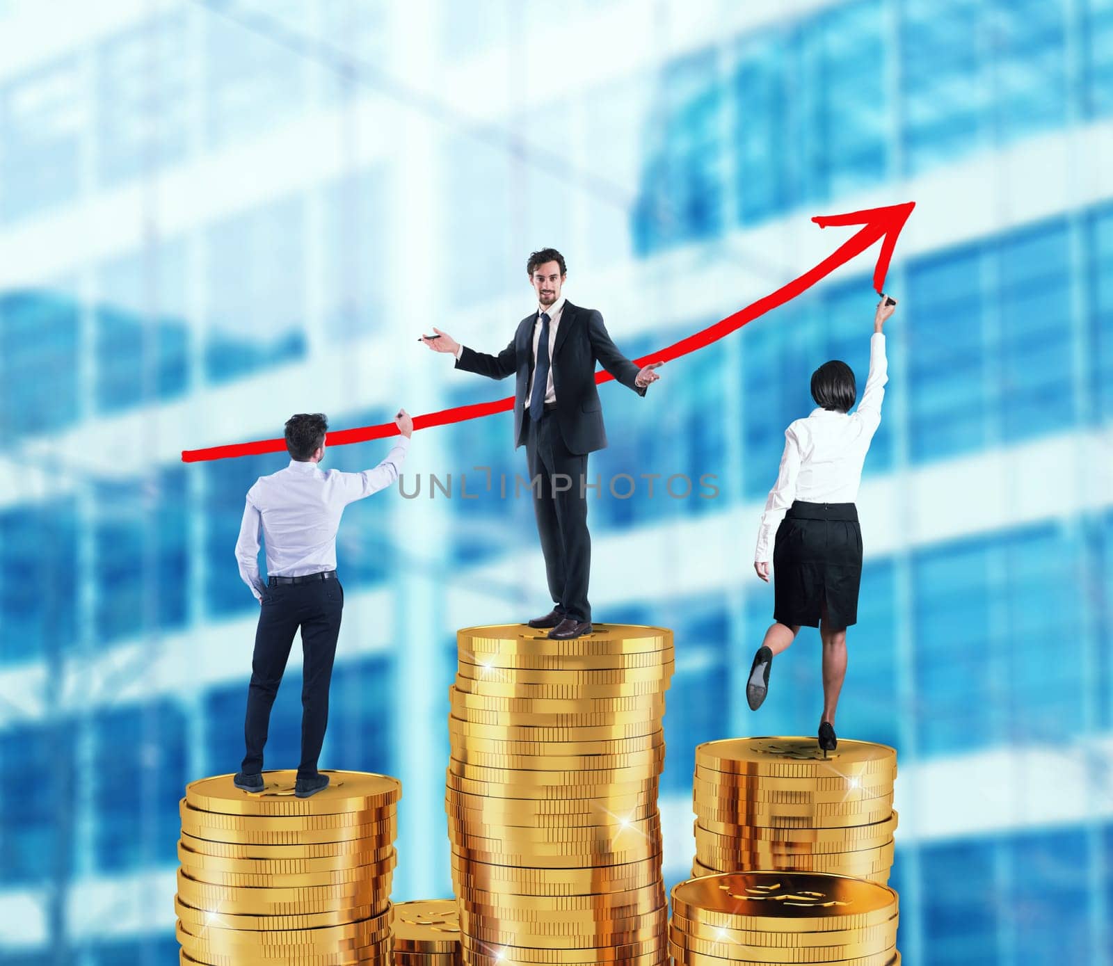 Business team draws red growing arrow of company statistics over the piles of money