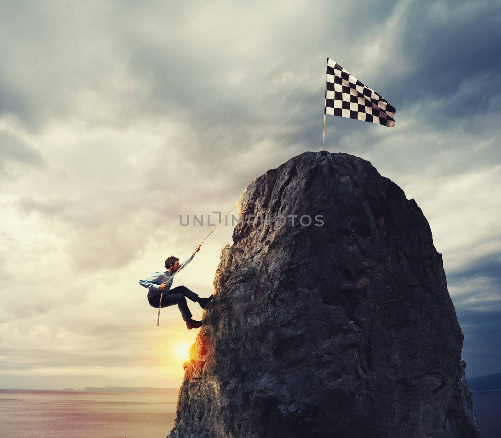 Businessman climb a mountain to get the flag. Achievement business goal and Difficult career concept