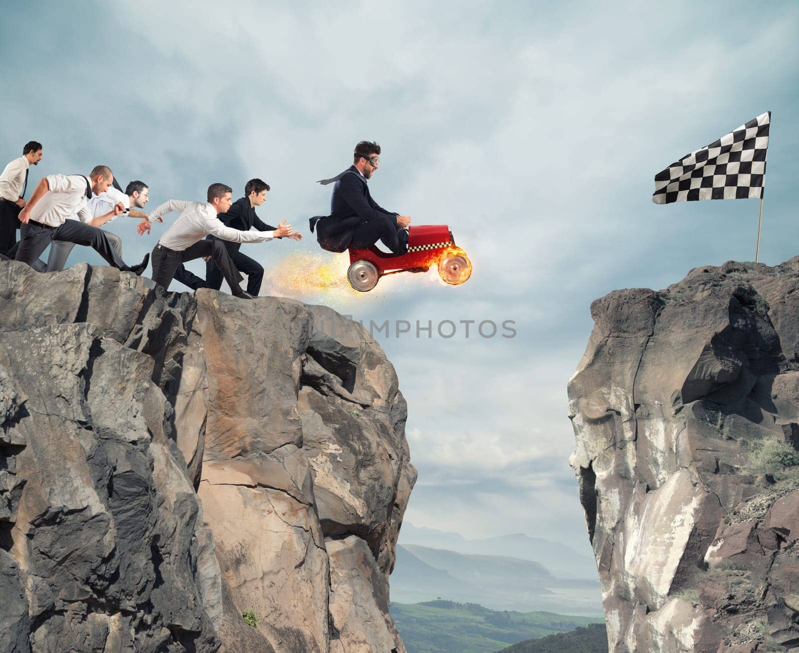 Fast businessman with a car wins against the competitors. Concept of business success and competition