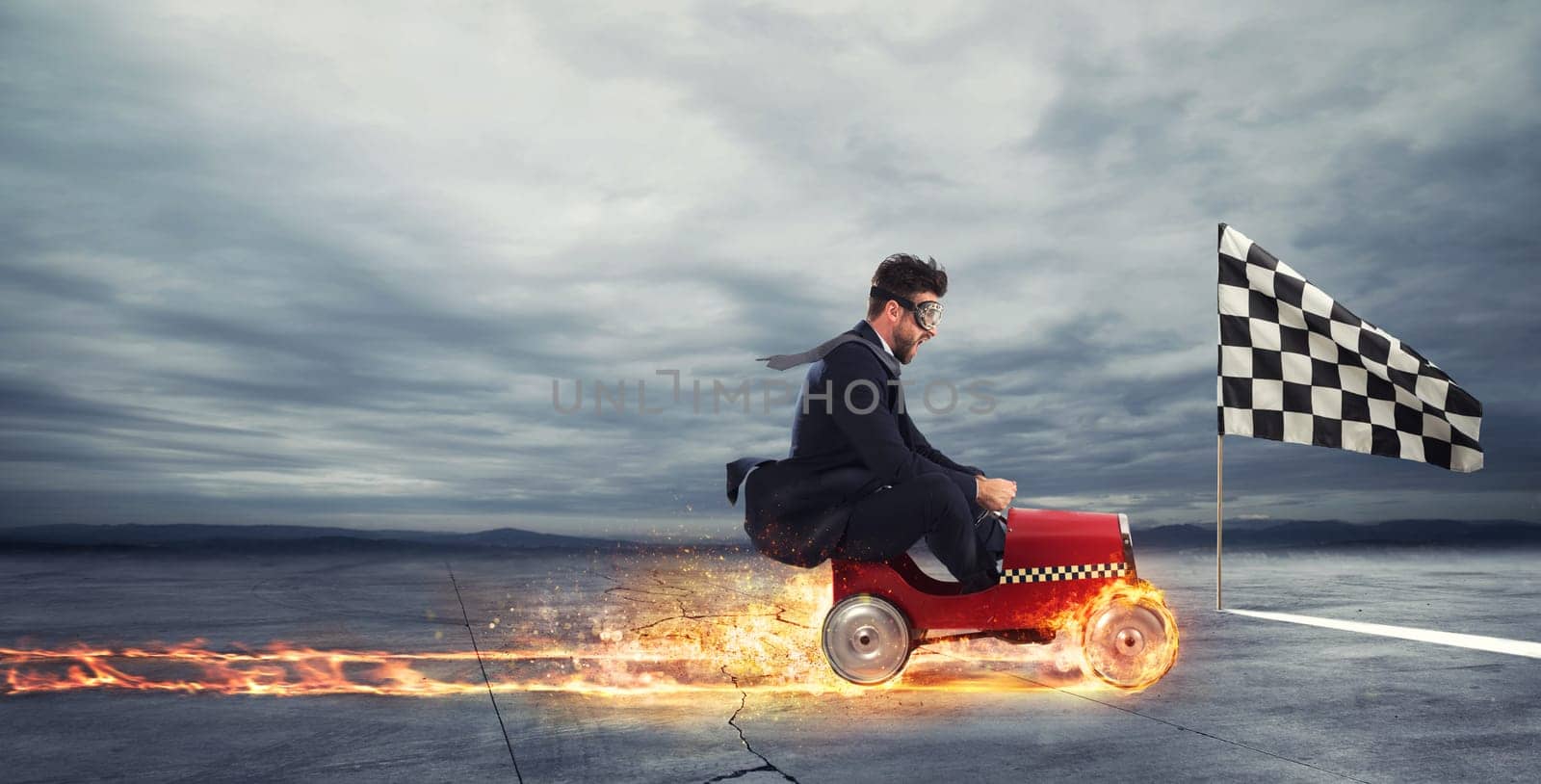 Fast businessman with a car wins against the competitors. Concept of business success and competition