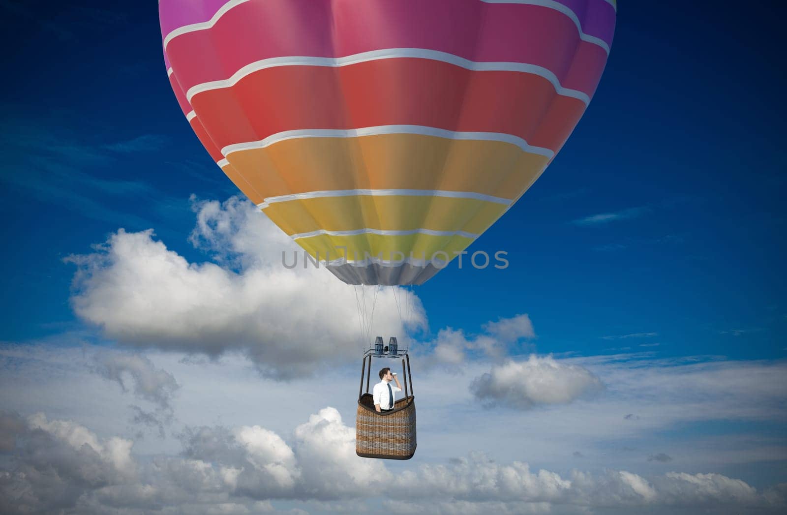Businessman looking for business ina hot-air balloon