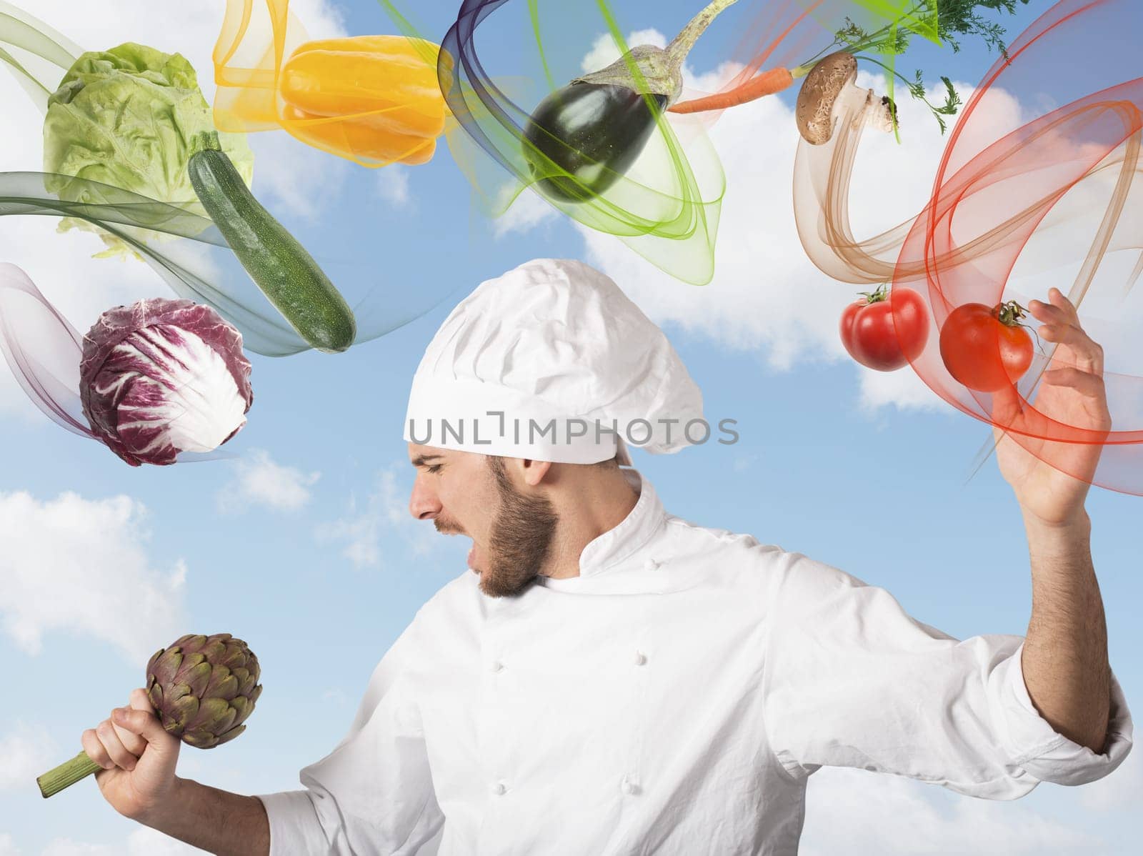 Chef sings with an artichoke as microphone