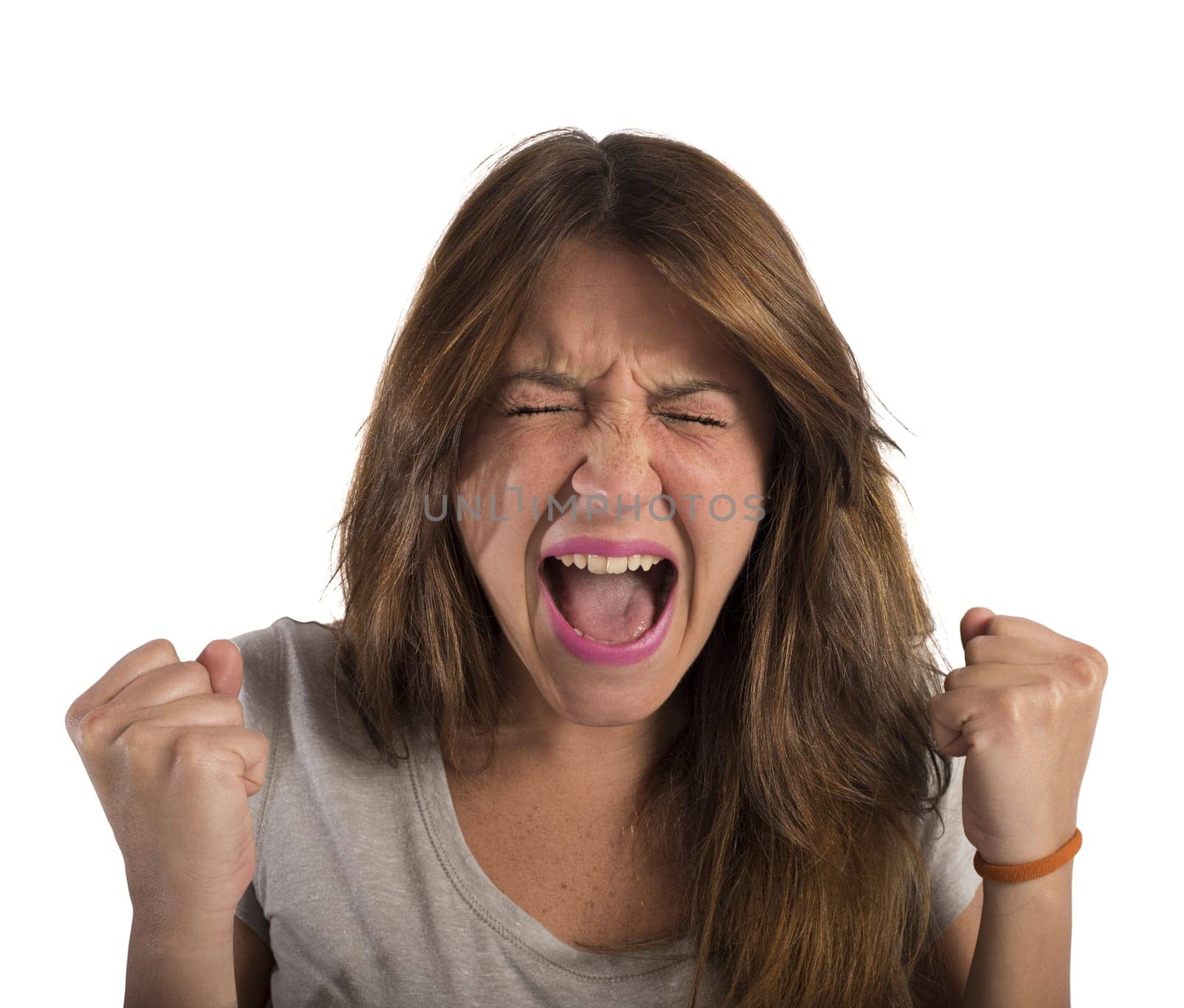 Aggressive businesswoman stressed out from work screams