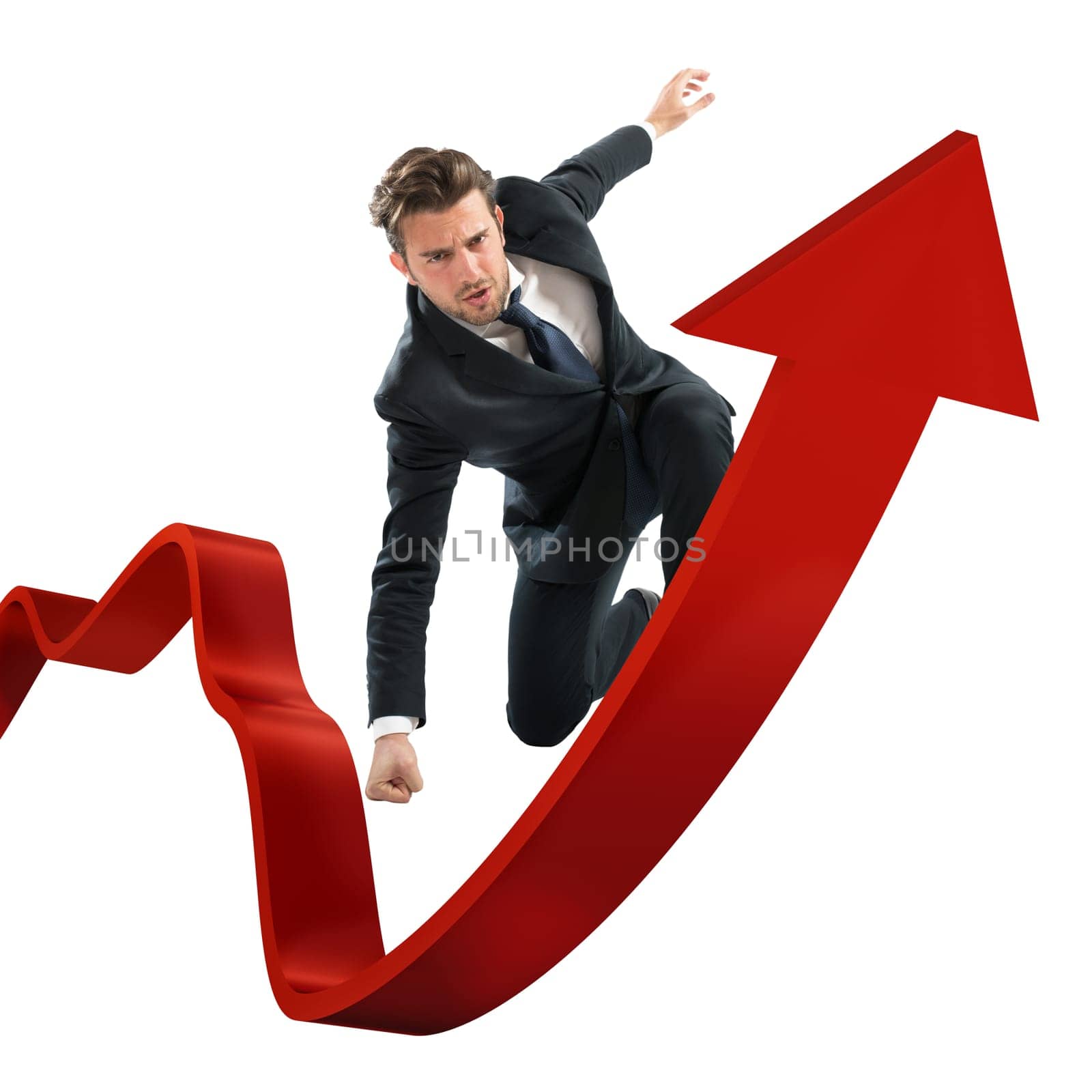 Determined businessman over a big red arrow