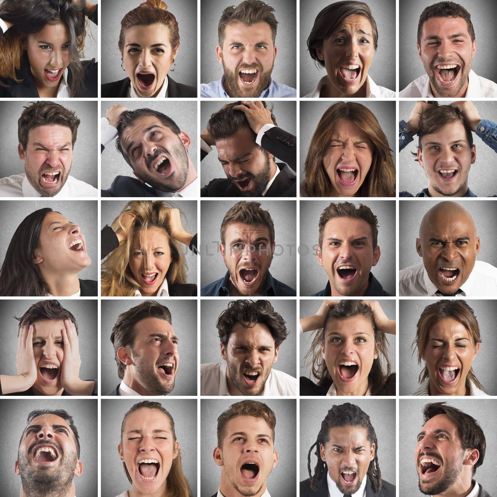 Portraits collage of people faces who scream
