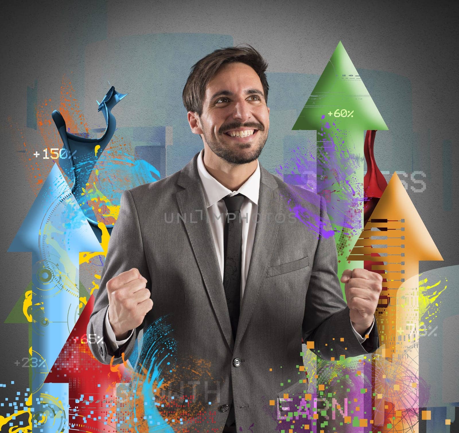Happy businessman rejoices to his financial Success