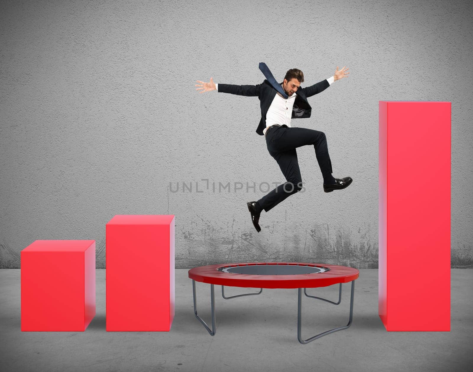 Businessman jumps on the trampoline between statistics