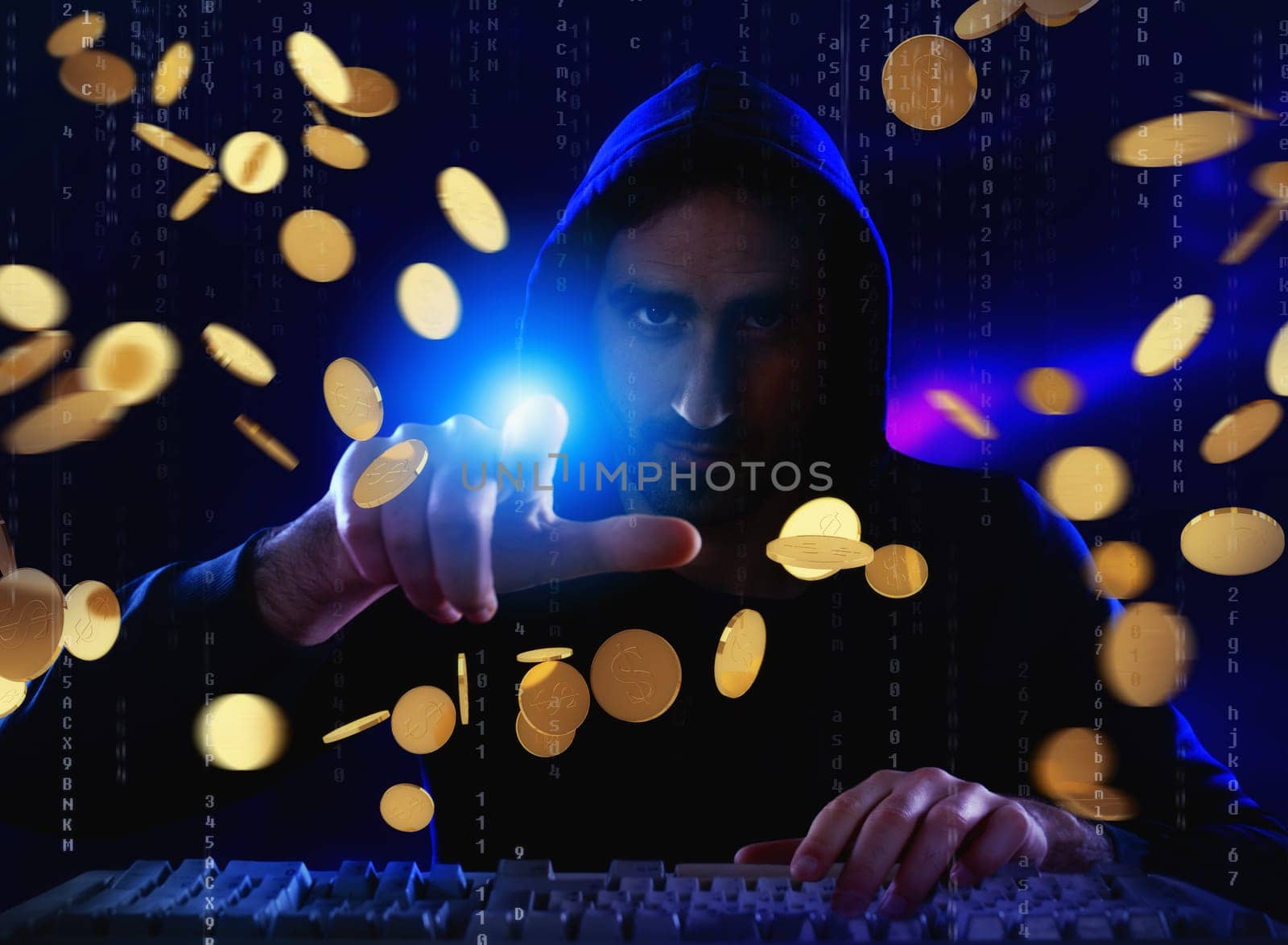 Hacker catches money from a bank account. Concept of security