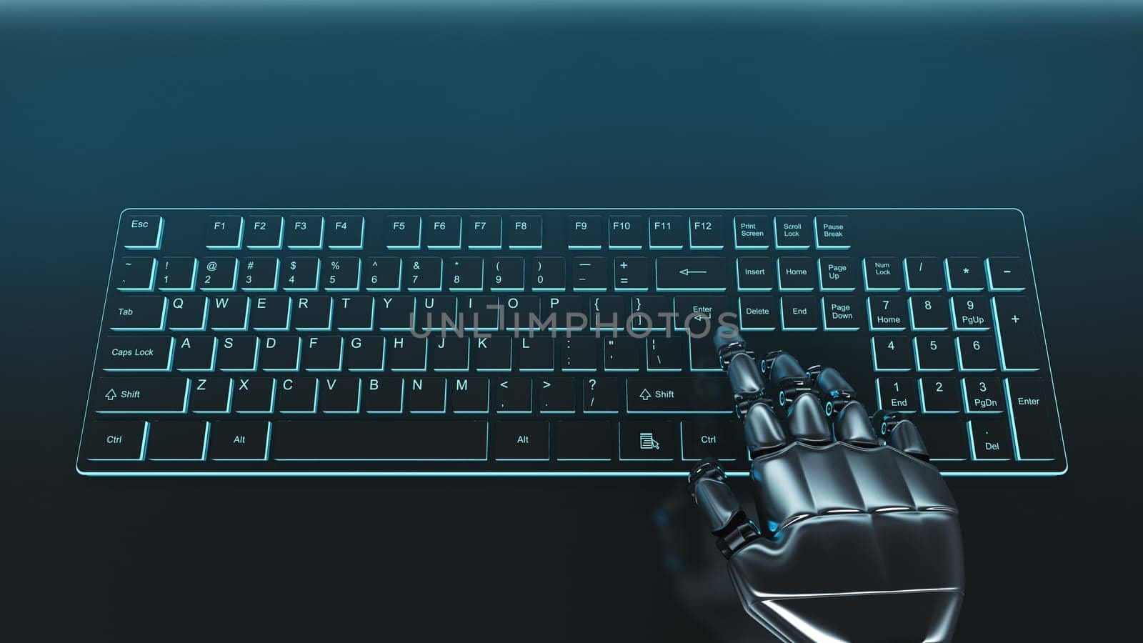 Finger of an iron robot touches a laptop keyboard